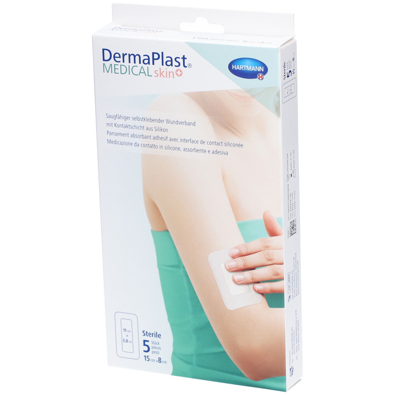 Verpackung von Dermaplast® Medical Skin+ Vlies-Pflaster. Zeigt ein Pflaster auf einem Arm. 5 Stück, 15 x 8 cm.