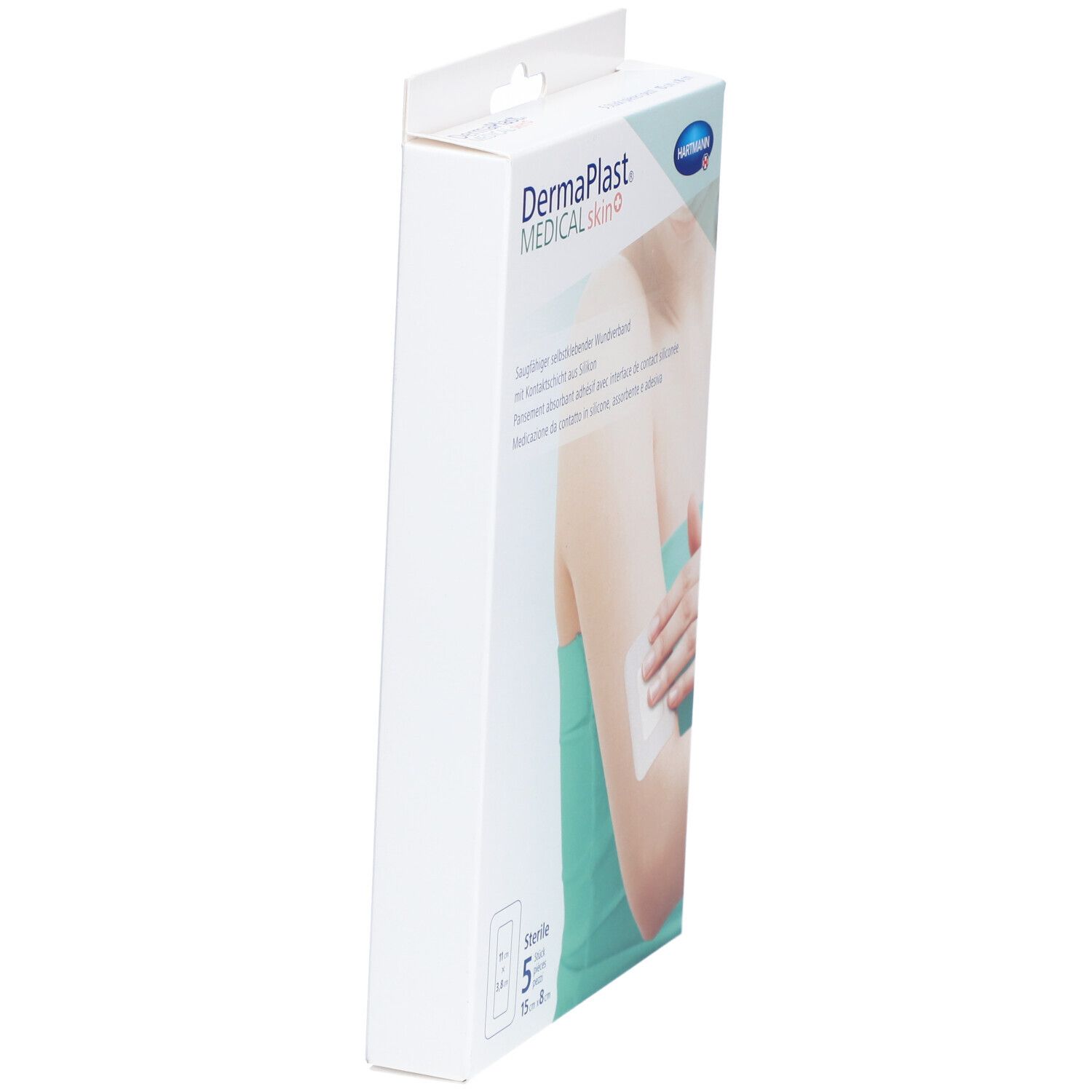 Seitenansicht der Verpackung von Dermaplast® Medical Skin+ Vlies-Pflaster. Weißer Karton mit Produktlogo und Abbildung.