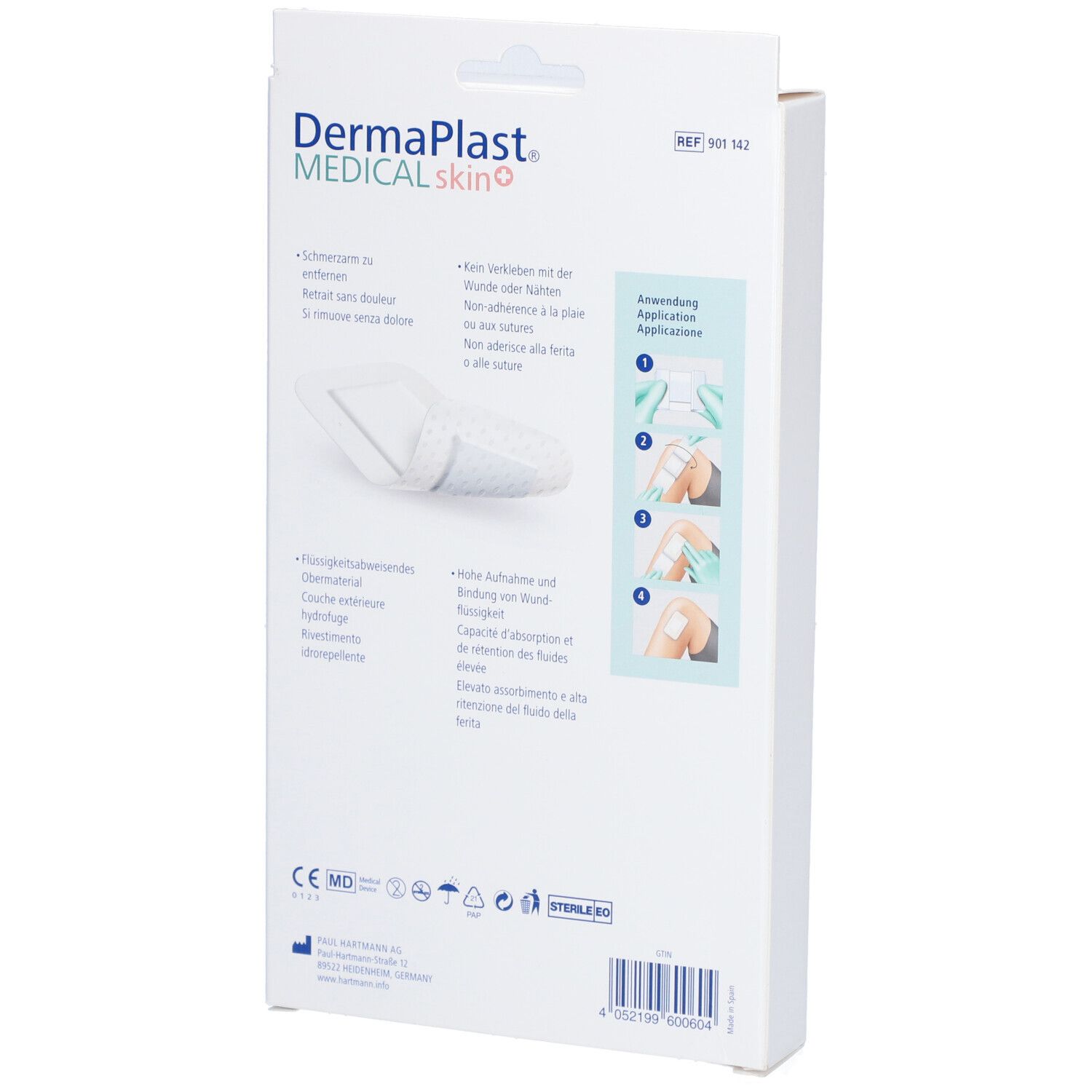 Rückseite der Verpackung von Dermaplast® Medical Skin+ Vlies-Pflaster. Text in mehreren Sprachen, Anwendungsbeispiele.