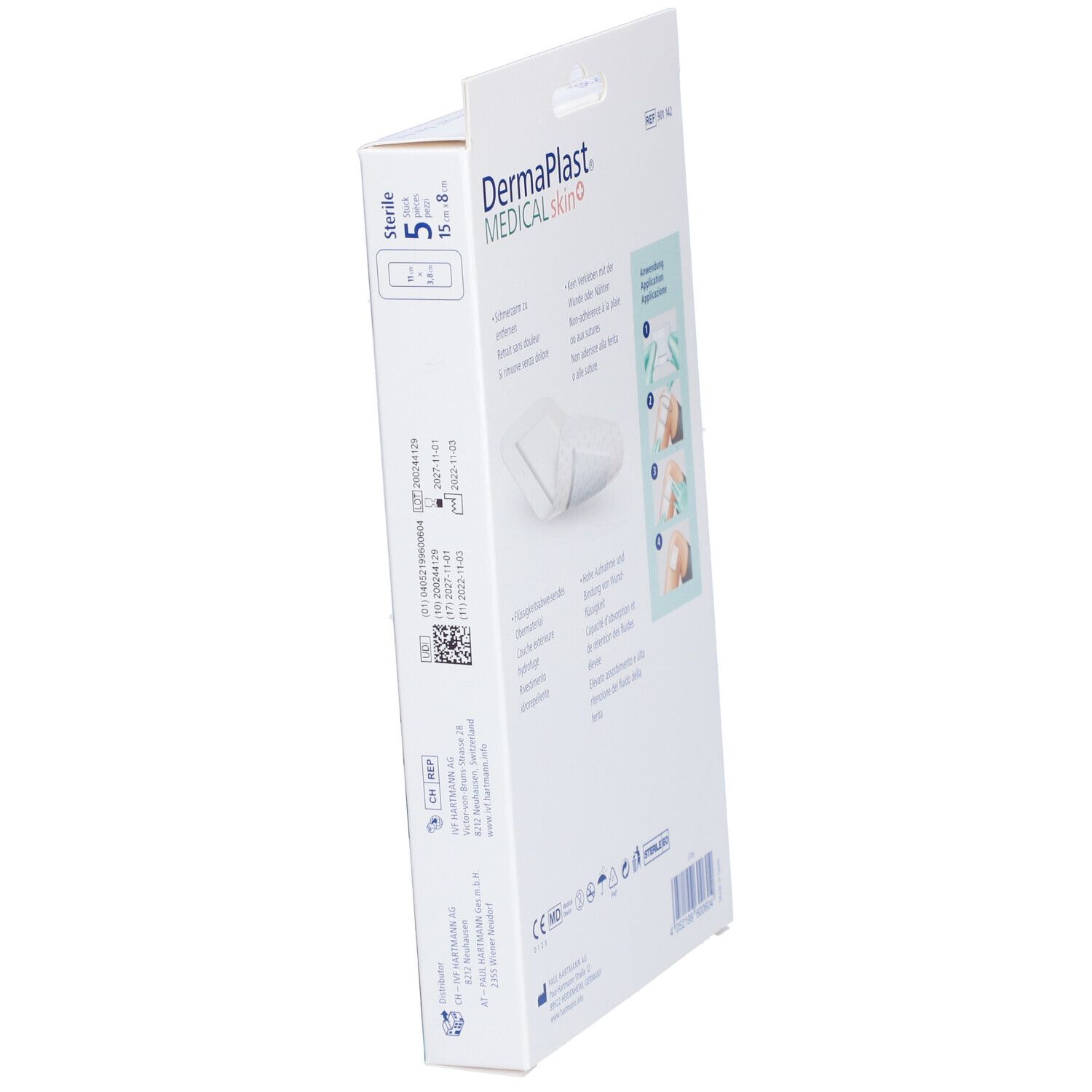 Seitenansicht der Verpackung von Dermaplast® Medical Skin+ Vlies-Pflaster. Informationen, QR-Code, Steril-Siegel.