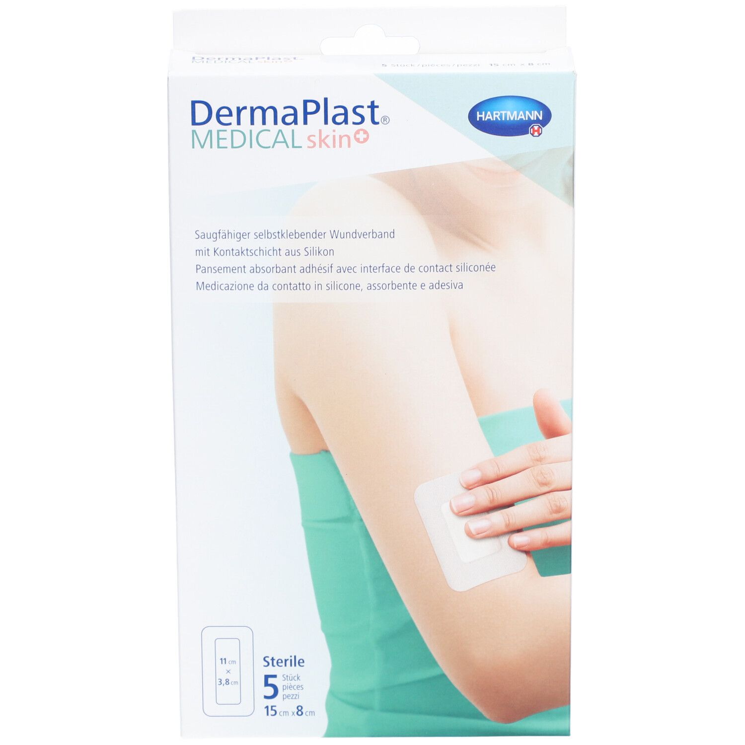 Verpackung von Dermaplast® Medical Skin+ Vlies-Pflaster. Zeigt ein Pflaster auf einem Arm. 5 Stück, 15 x 8 cm.