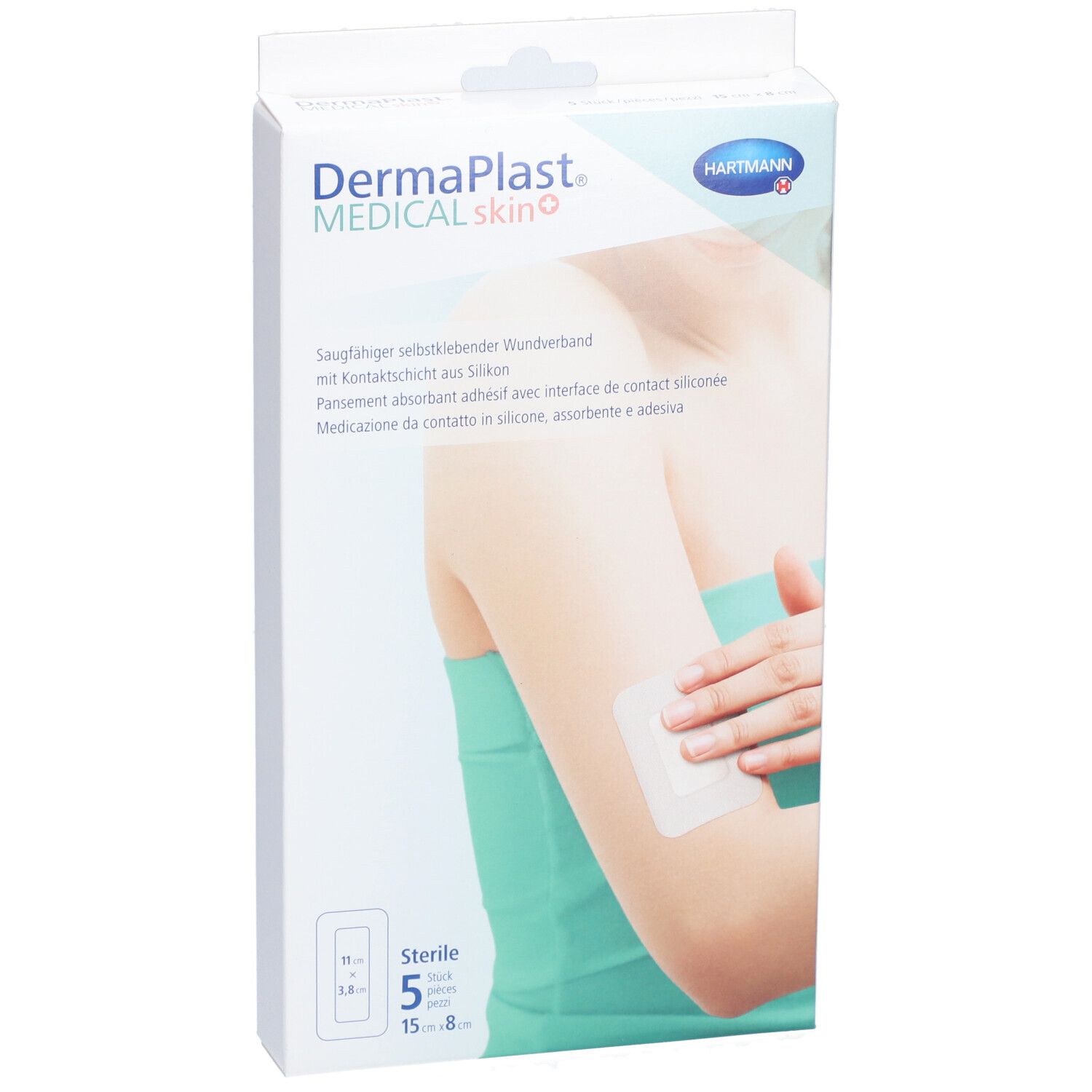 Verpackung von Dermaplast® Medical Skin+ Vlies-Pflaster. Zeigt ein Pflaster auf einem Arm. 5 Stück, 15 x 8 cm.