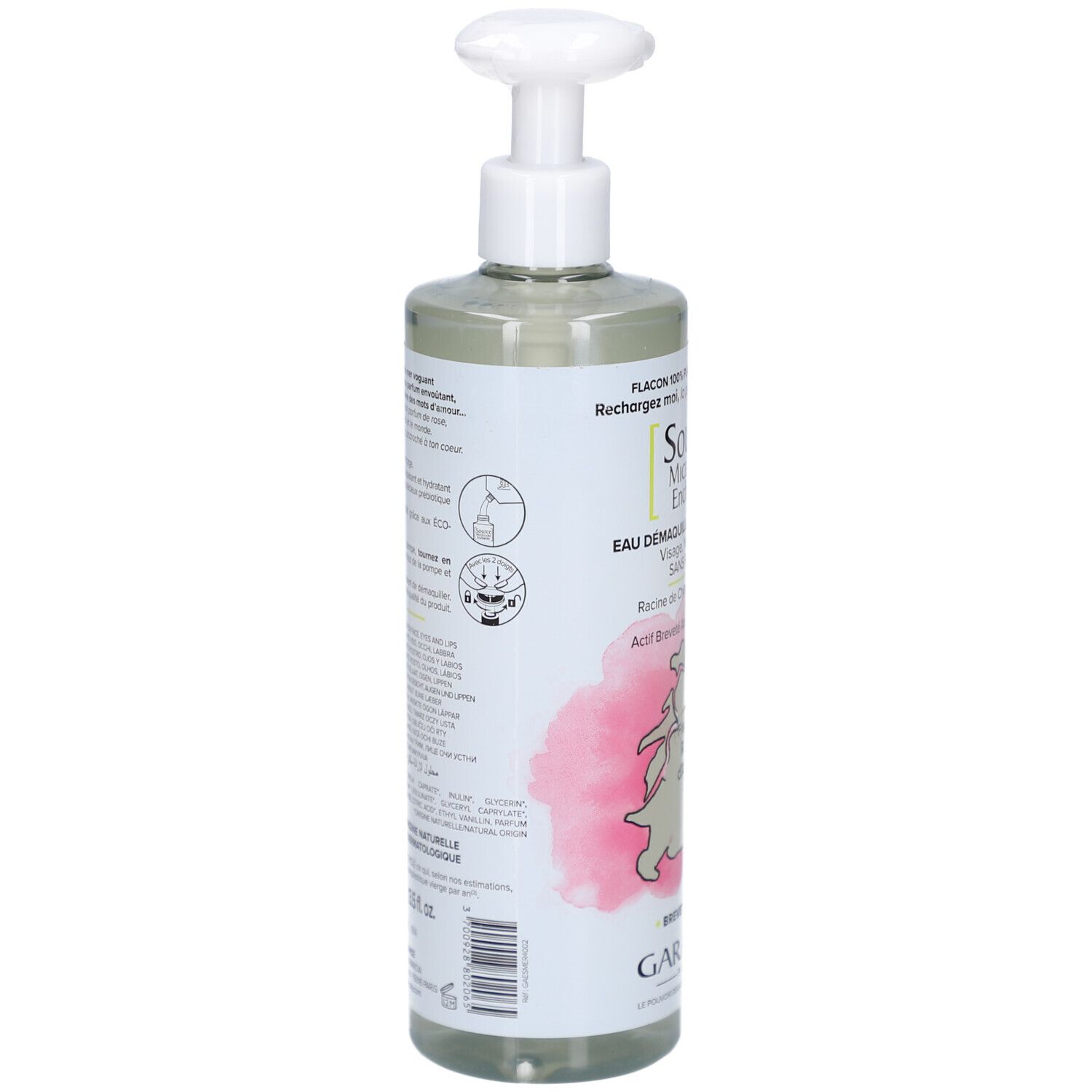 Garancia Eau Micellaire Enchantée Rückseite der Flasche mit Pumpspender, 400ml.