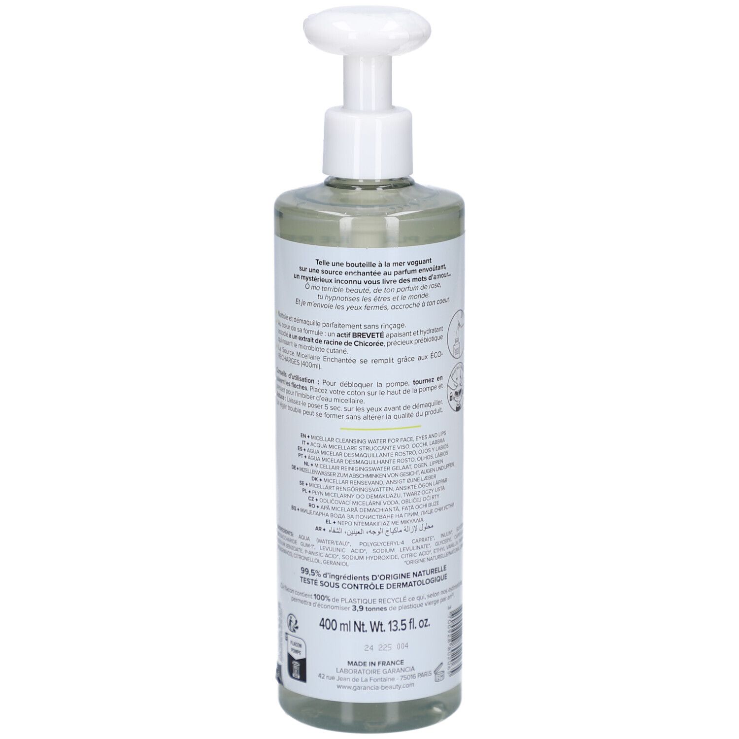 Garancia Eau Micellaire Enchantée Rückseite der Flasche mit Pumpspender, 400ml.