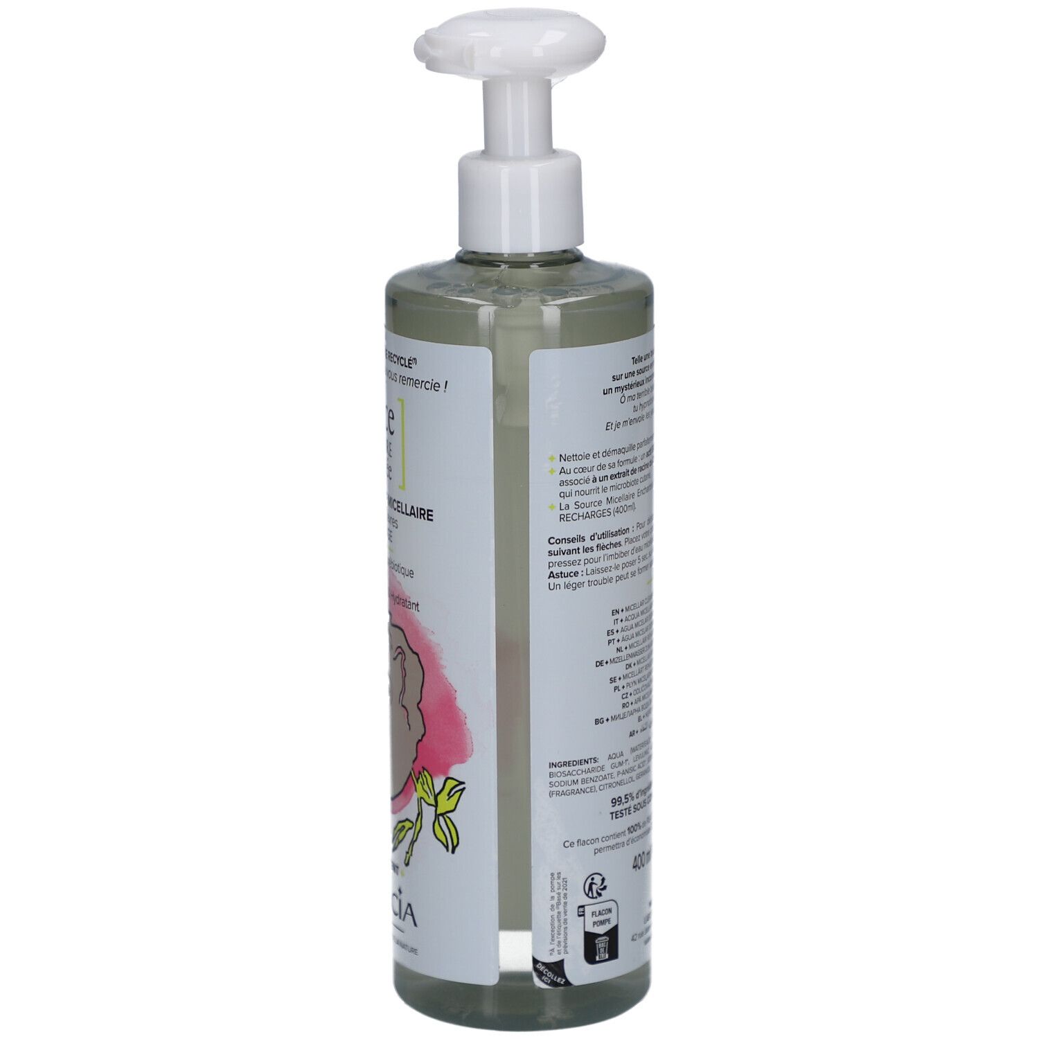 Garancia Eau Micellaire Enchantée Rückseite der Flasche mit Pumpspender, 400ml.