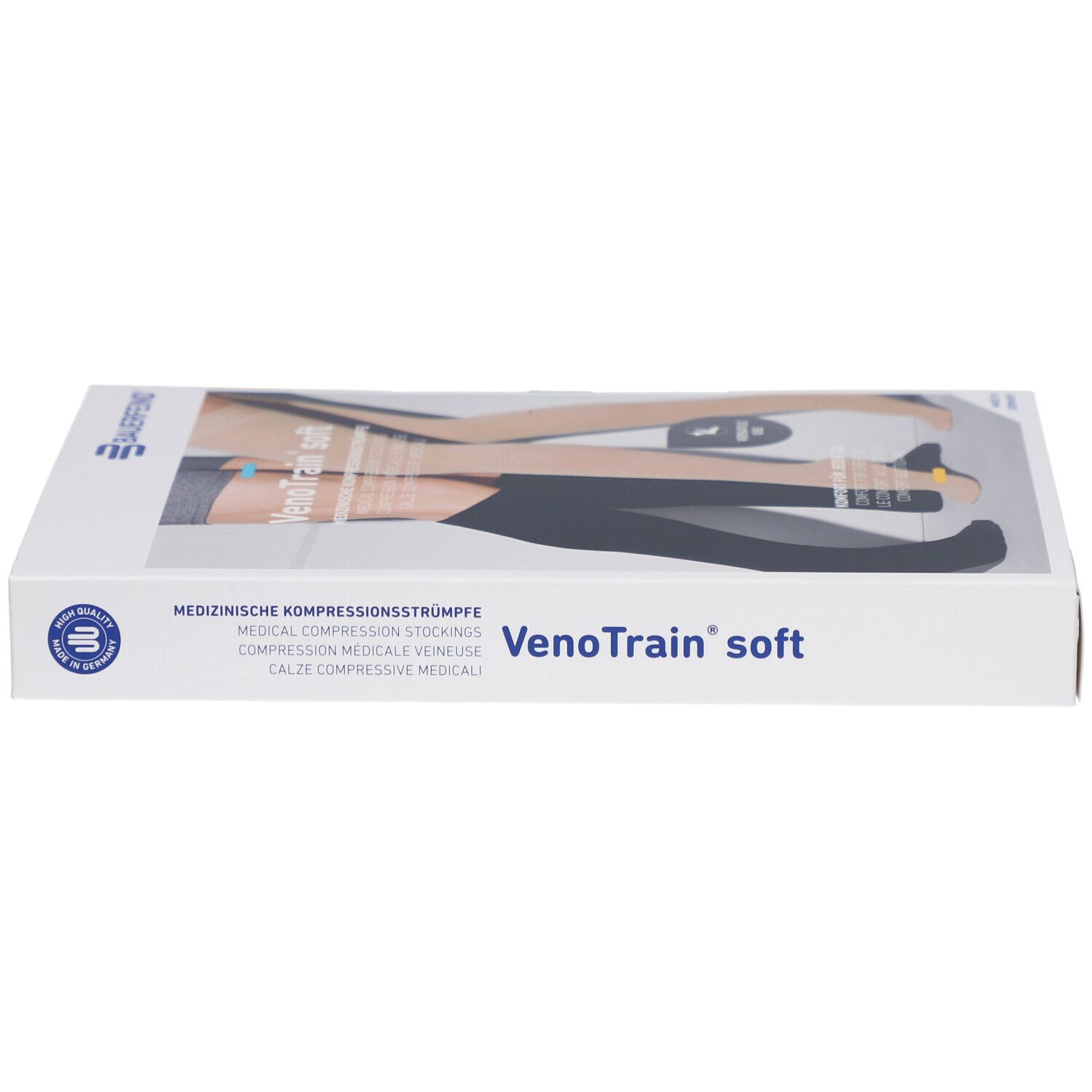 Verpackung von VenoTrain soft Kompressionsstrümpfen. Marke Bauerfeind. Medizinische Kompressionsstrümpfe.