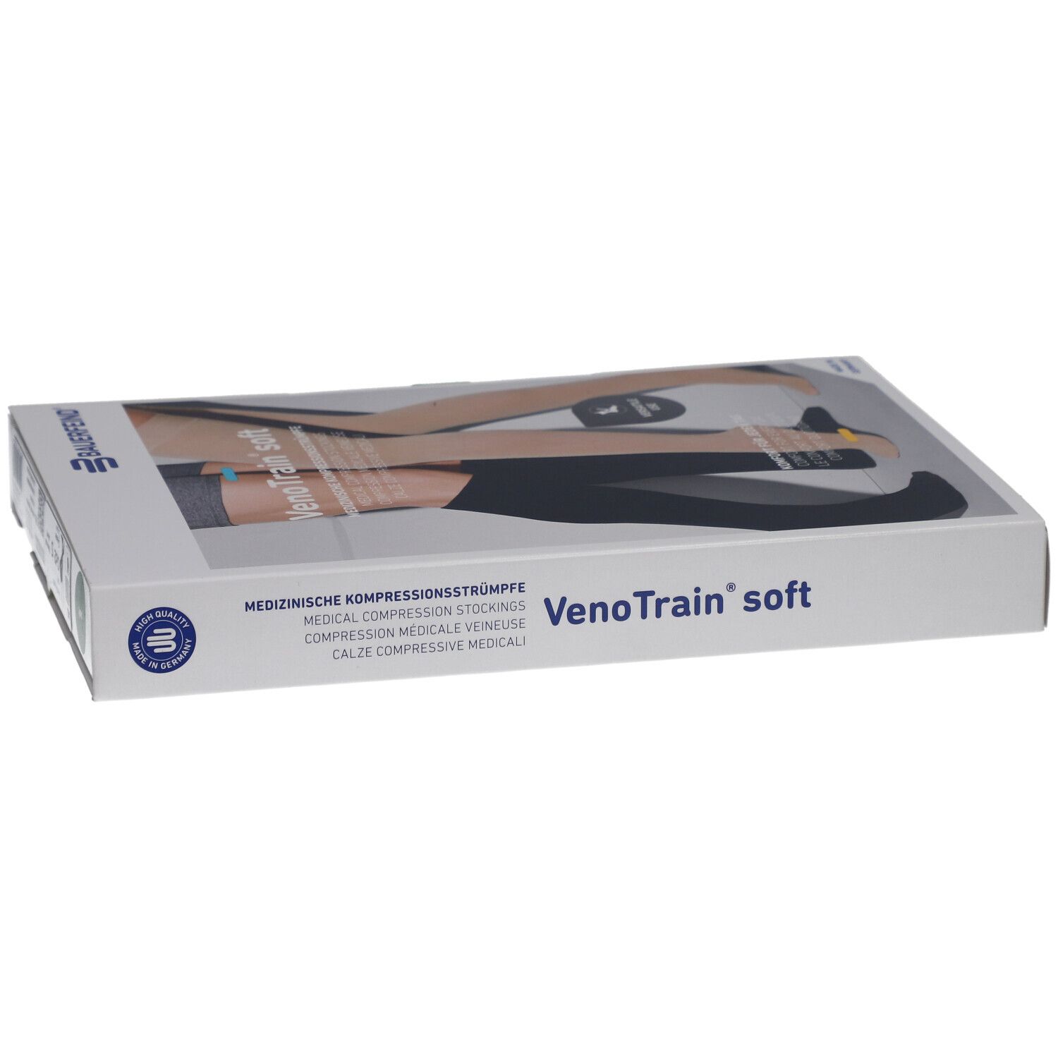 Verpackung von VenoTrain soft Kompressionsstrümpfen. Marke Bauerfeind. Medizinische Kompressionsstrümpfe.