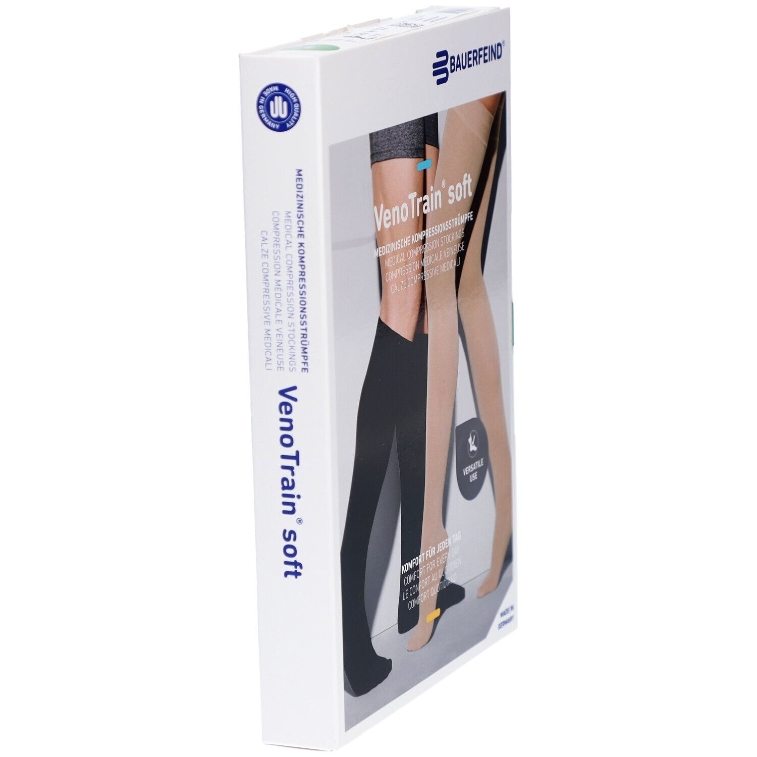 Verpackung, Bauerfeind VenoTrain soft. Medizinische Kompressionsstrümpfe. Creme- und schwarze Strümpfe abgebildet.