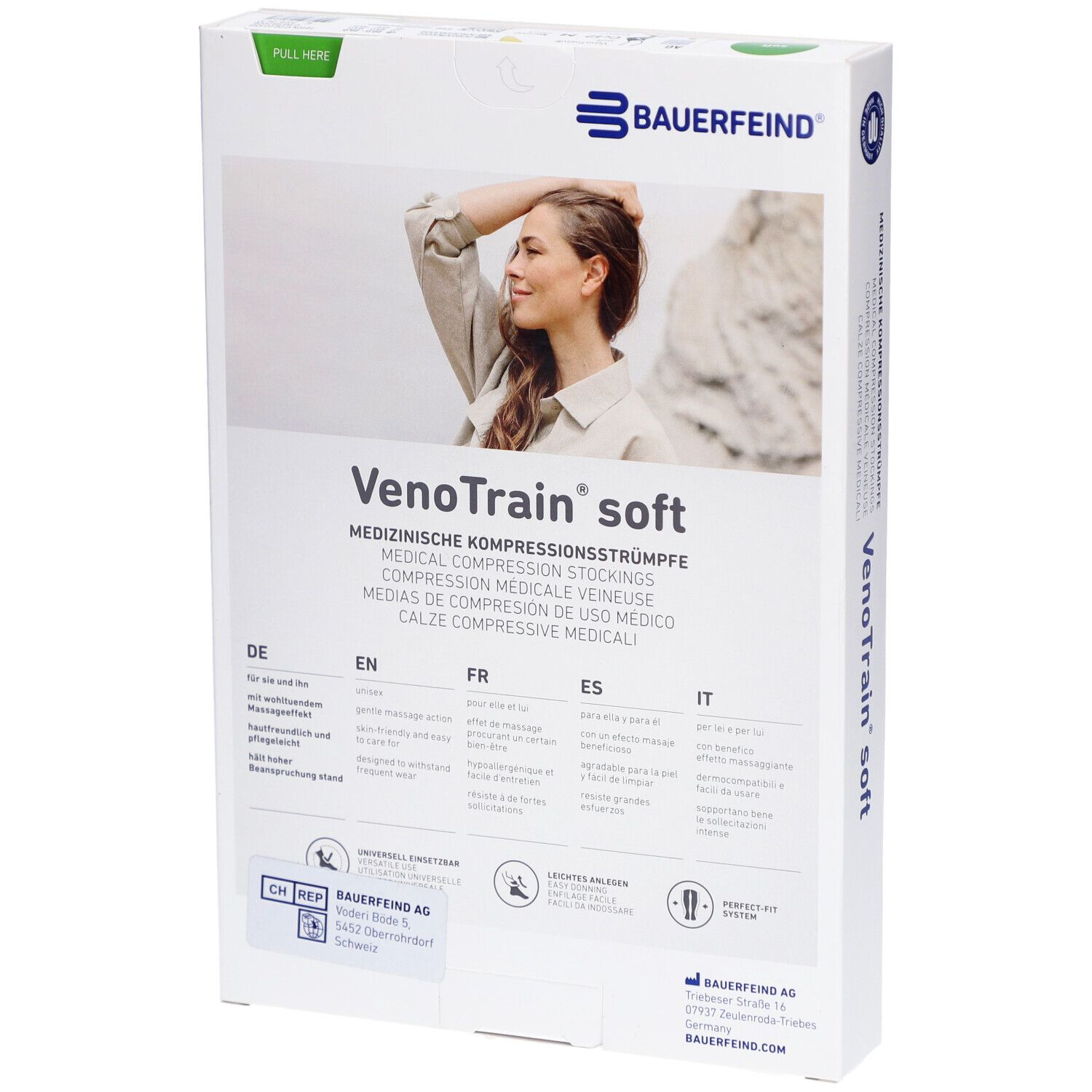 Rückseite der Verpackung. Bauerfeind VenoTrain soft. Produktinformationen in mehreren Sprachen.