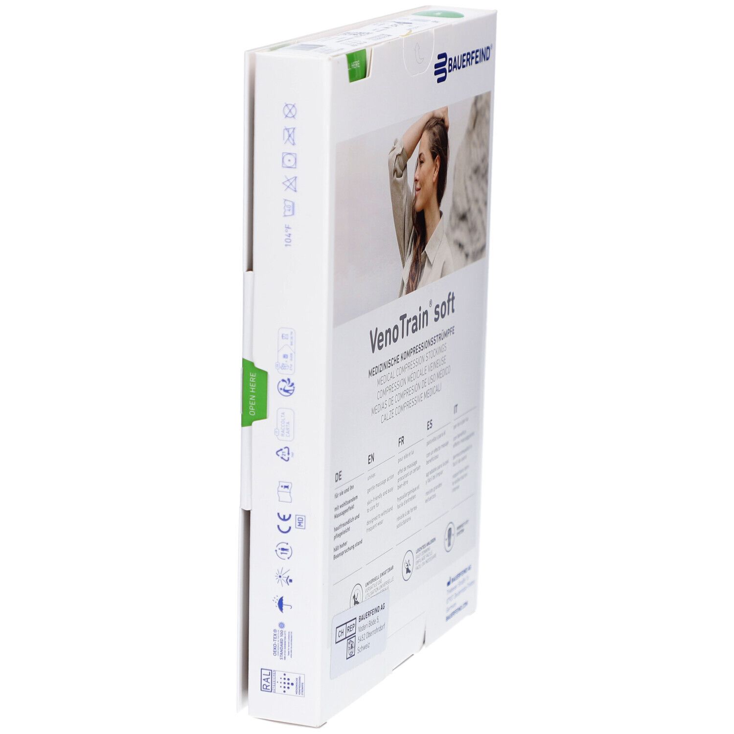 Verpackung, Bauerfeind VenoTrain soft. Produktinformationen und Waschsymbole. Seitenansicht.