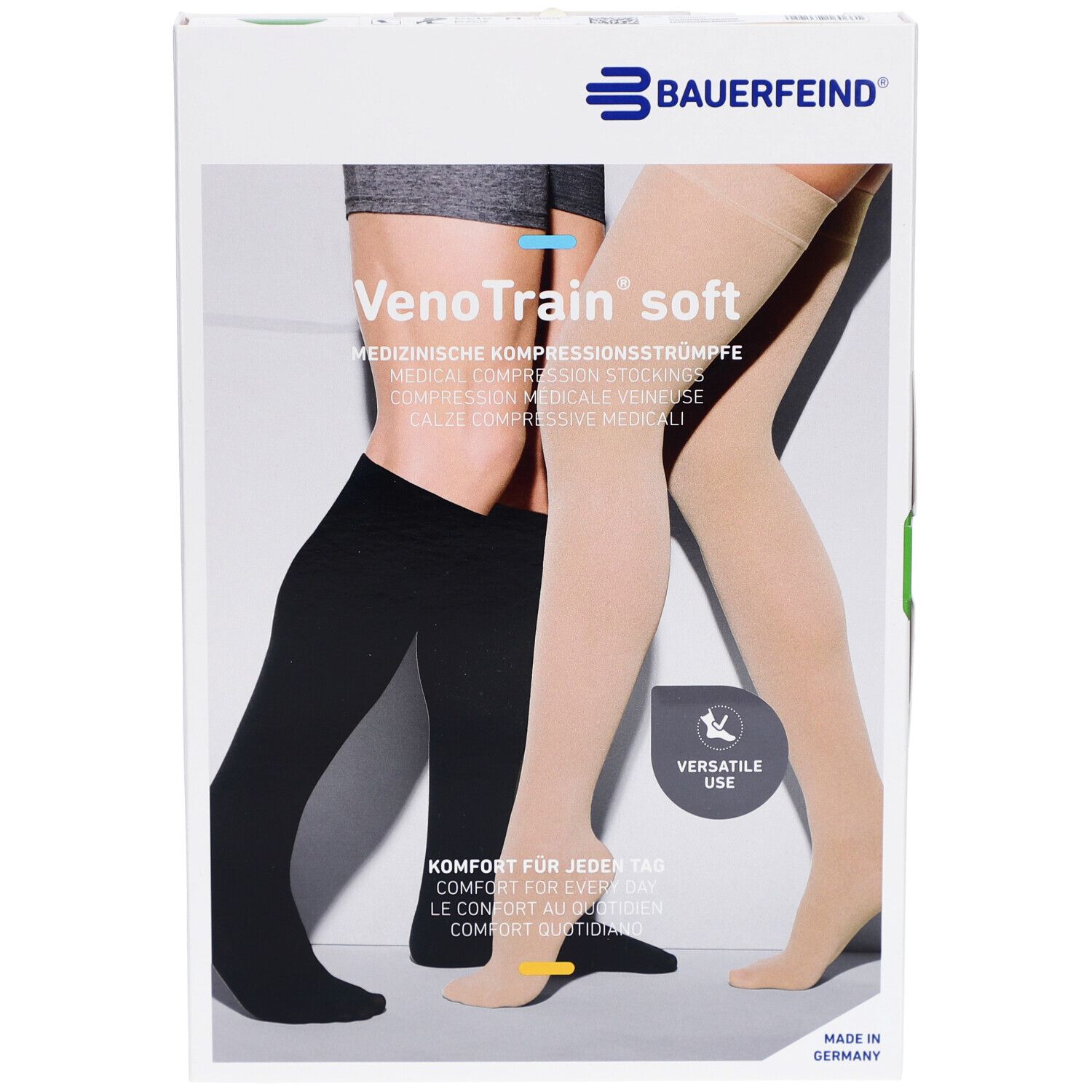 Verpackung, Bauerfeind VenoTrain soft. Creme- und schwarze Kompressionsstrümpfe abgebildet. "Versatile Use".