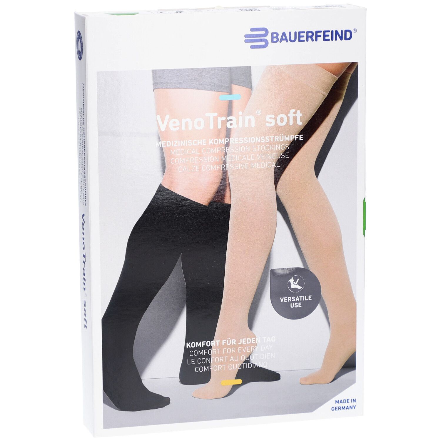Verpackung, Bauerfeind VenoTrain soft. Creme- und schwarze Kompressionsstrümpfe abgebildet. "Versatile Use".