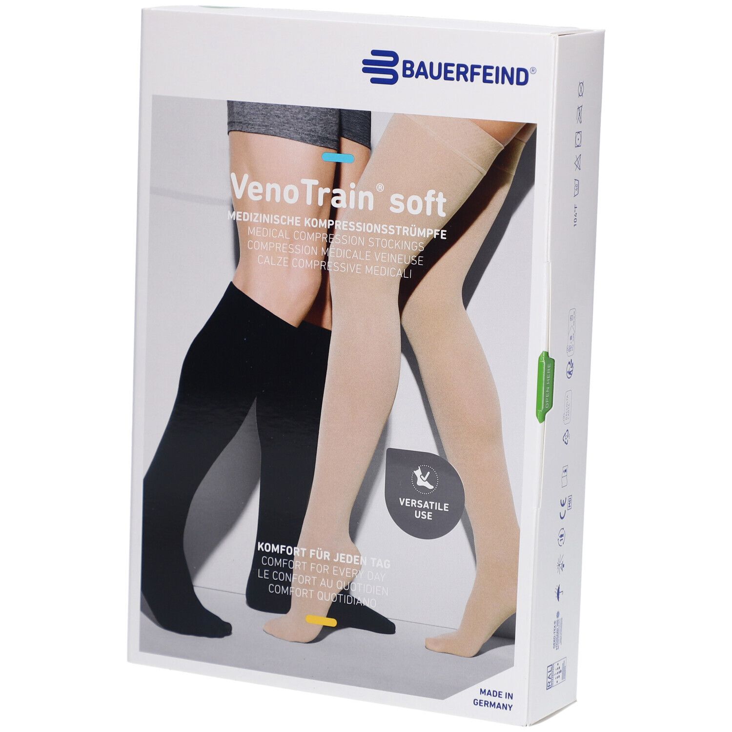 Verpackung mit Kompressionsstrümpfen. Aufdruck: VenoTrain soft, medizinische Kompressionsstrümpfe. Abbildung: Strümpfe in Schwarz und Beige.