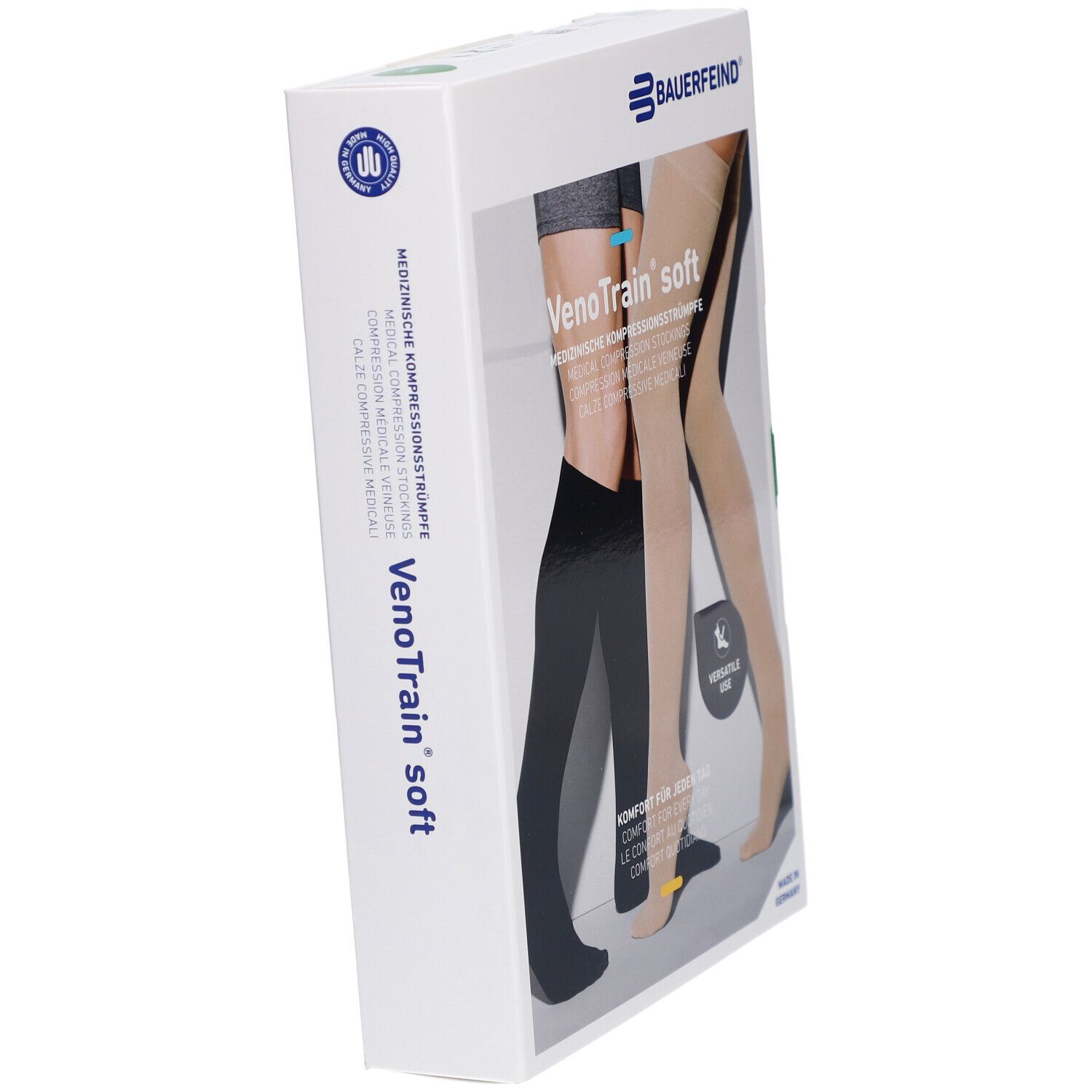 Schräg stehende Verpackung mit Kompressionsstrümpfen. Aufdruck: VenoTrain soft, medizinische Kompressionsstrümpfe. Logo Bauerfeind.