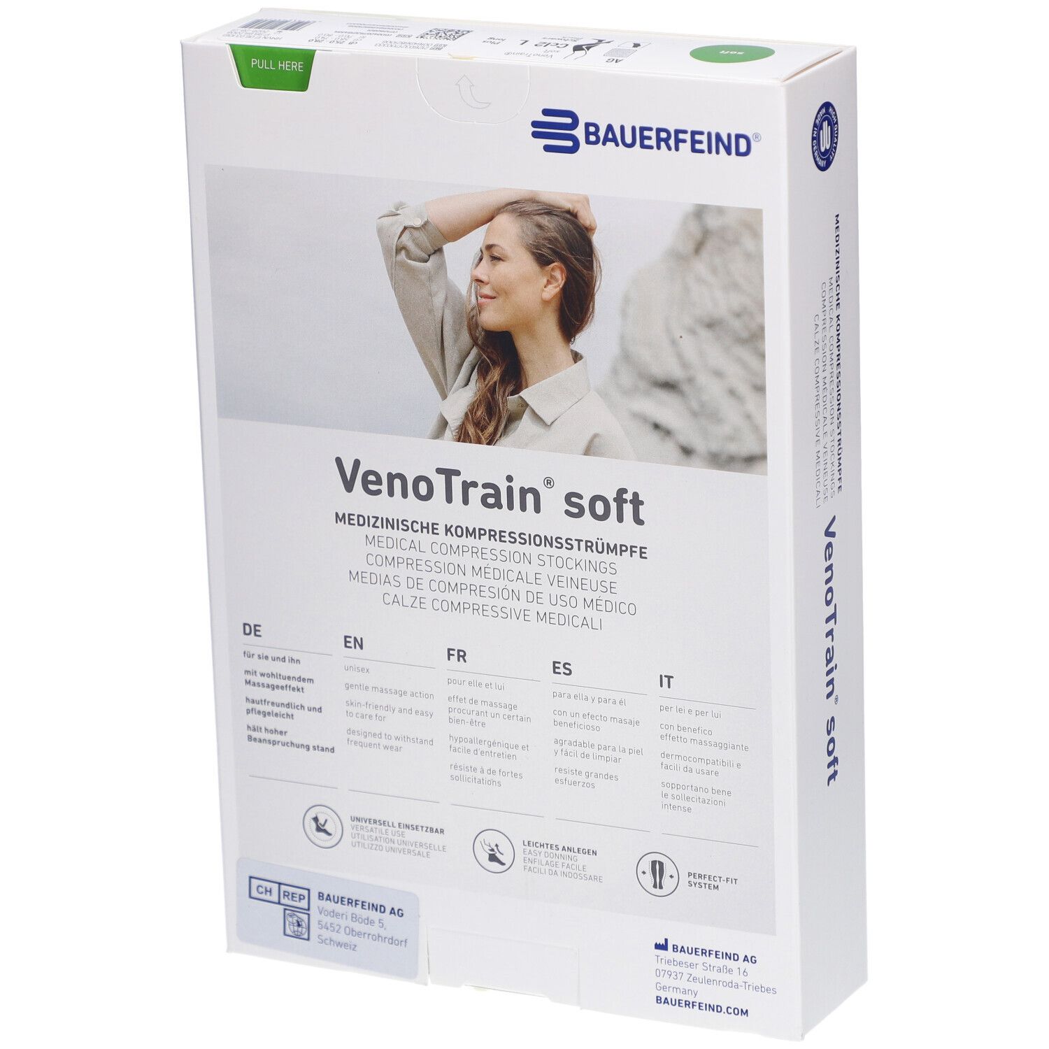 Rückseite der Verpackung mit Kompressionsstrümpfen. Aufdruck: VenoTrain soft, medizinische Kompressionsstrümpfe. Logo Bauerfeind.