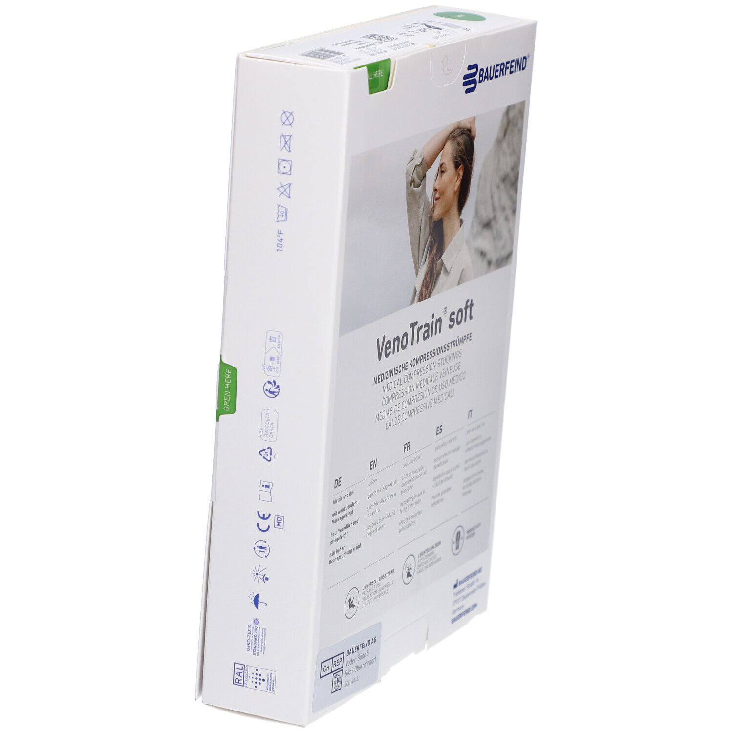 Schräg stehende Verpackung mit Kompressionsstrümpfen. Aufdruck: VenoTrain soft, medizinische Kompressionsstrümpfe. Logo Bauerfeind.