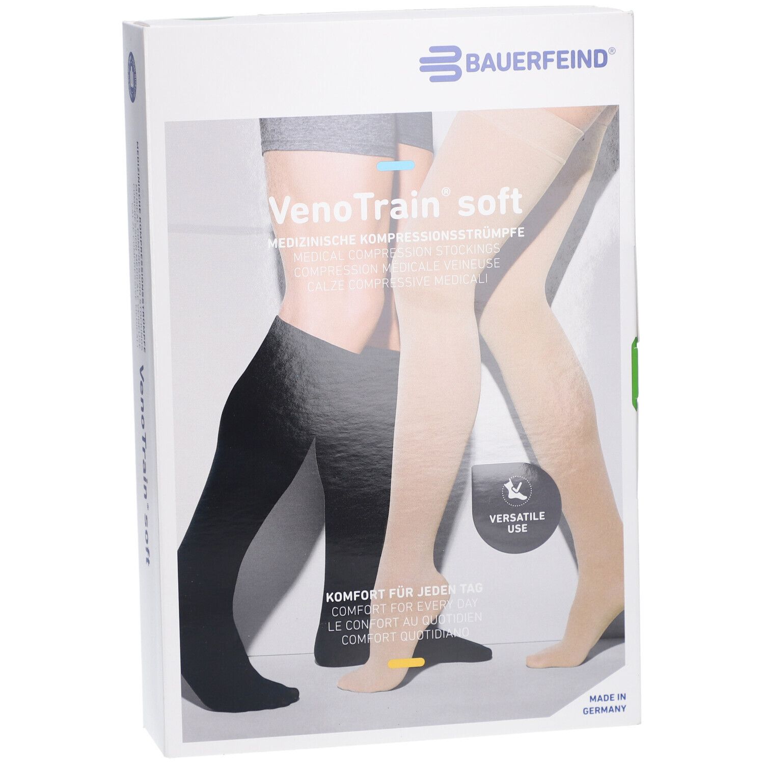Verpackung mit Kompressionsstrümpfen. Aufdruck: VenoTrain soft, medizinische Kompressionsstrümpfe. Abbildung: Strümpfe in Schwarz und Beige.