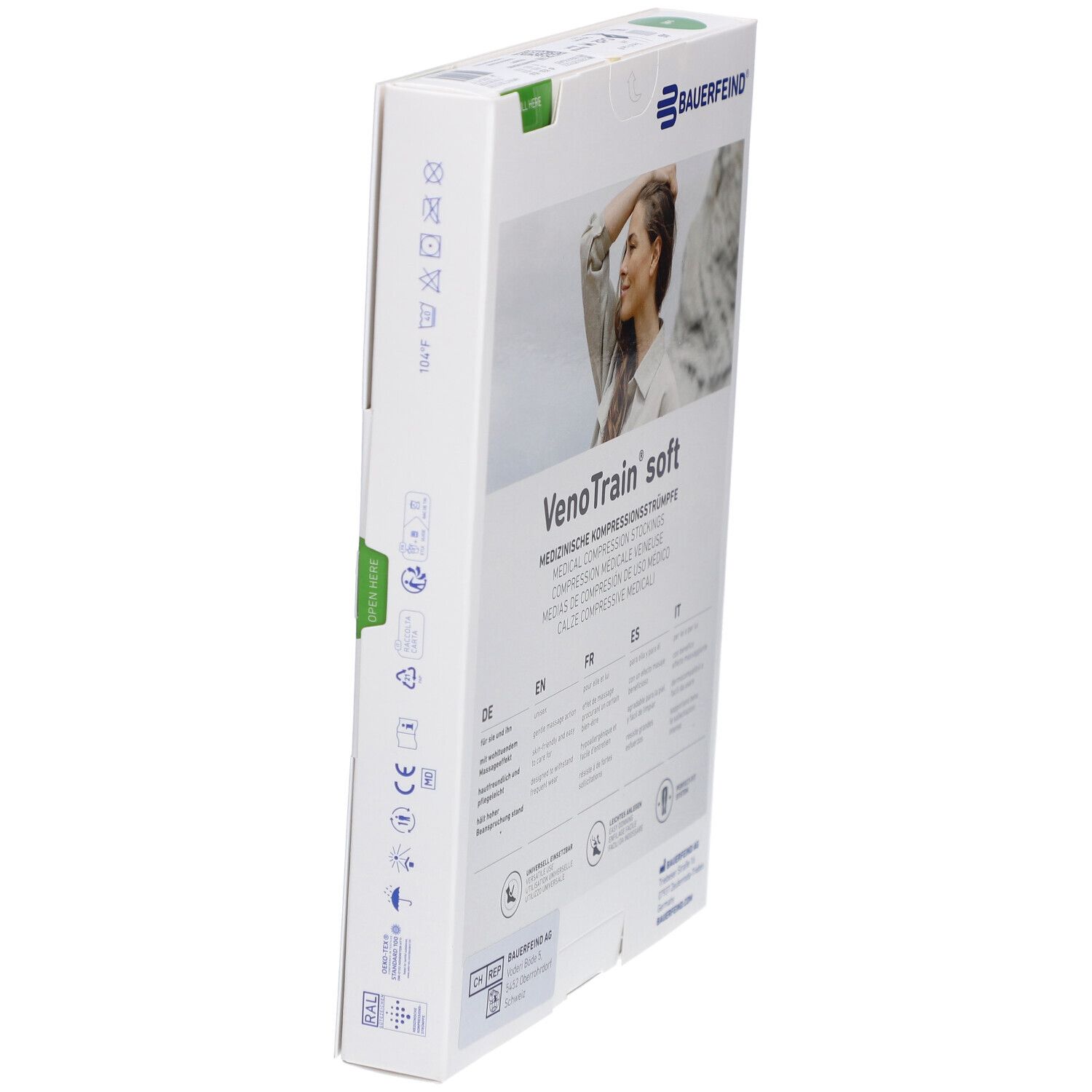 Verpackung mit Kompressionsstrümpfen. Marke Bauerfeind, VenoTrain soft. Aufdruck mit Waschsymbolen.
