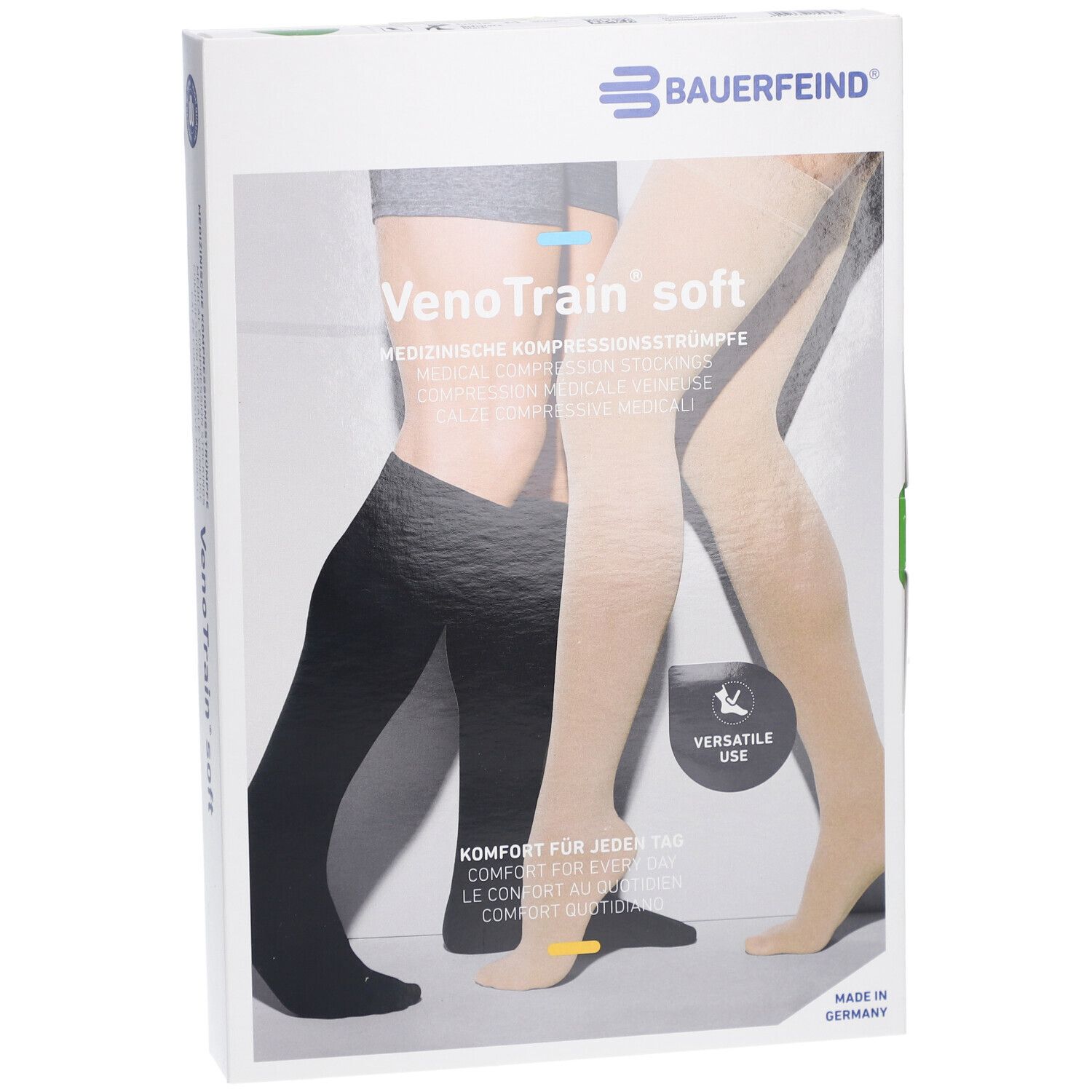 Verpackung mit Kompressionsstrümpfen. Marke Bauerfeind, VenoTrain soft. Abgebildet sind schwarze und beige Strümpfe.
