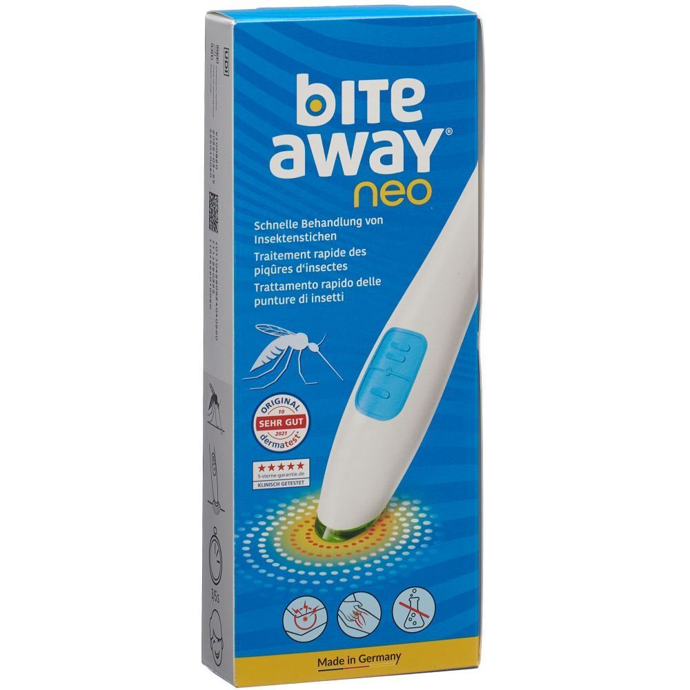 Verpackung von bite away® neo. Weißes Gerät mit blauem Bedienfeld. Text: Schnelle Behandlung von Insektenstichen.