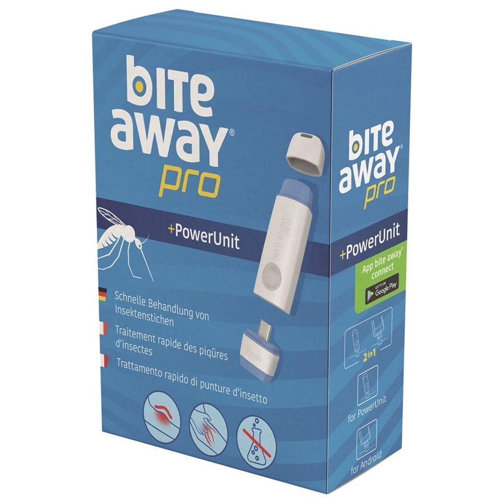 Verpackung von bite away® pro +PowerUnit. Blau-weiße Box mit Produktabbildung und Text. Enthält ein Gerät und Zubehör.