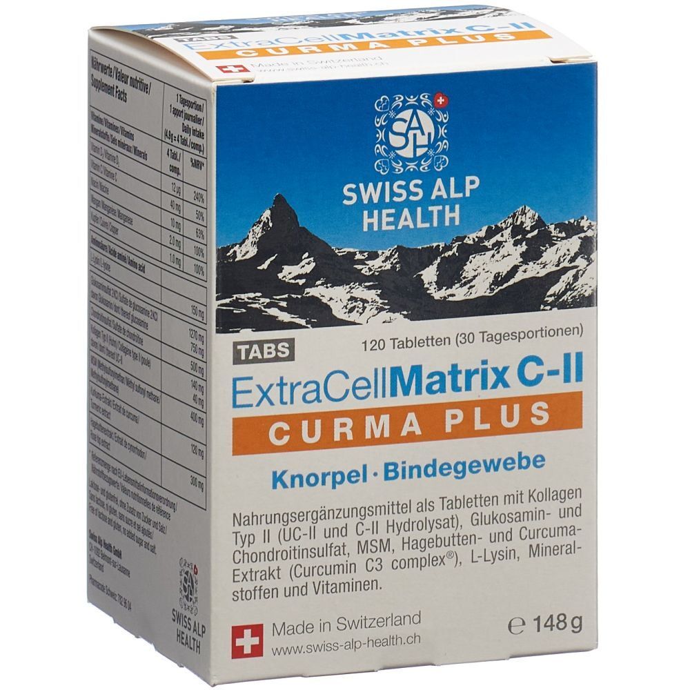 Boîte de comprimés ExtraCellMatrix C-II CURMA PLUS. Marque Swiss Alp Health. Contient 120 comprimés.
