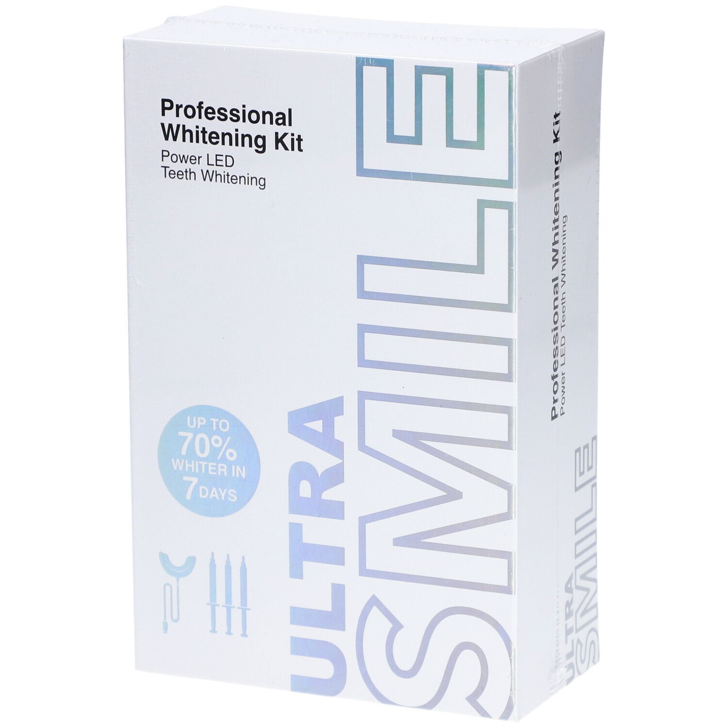 Weiße Verpackung mit "Professional Whitening Kit" und "ULTRA SMILE" Schriftzug. Enthält LED-Zahnaufhellung.
