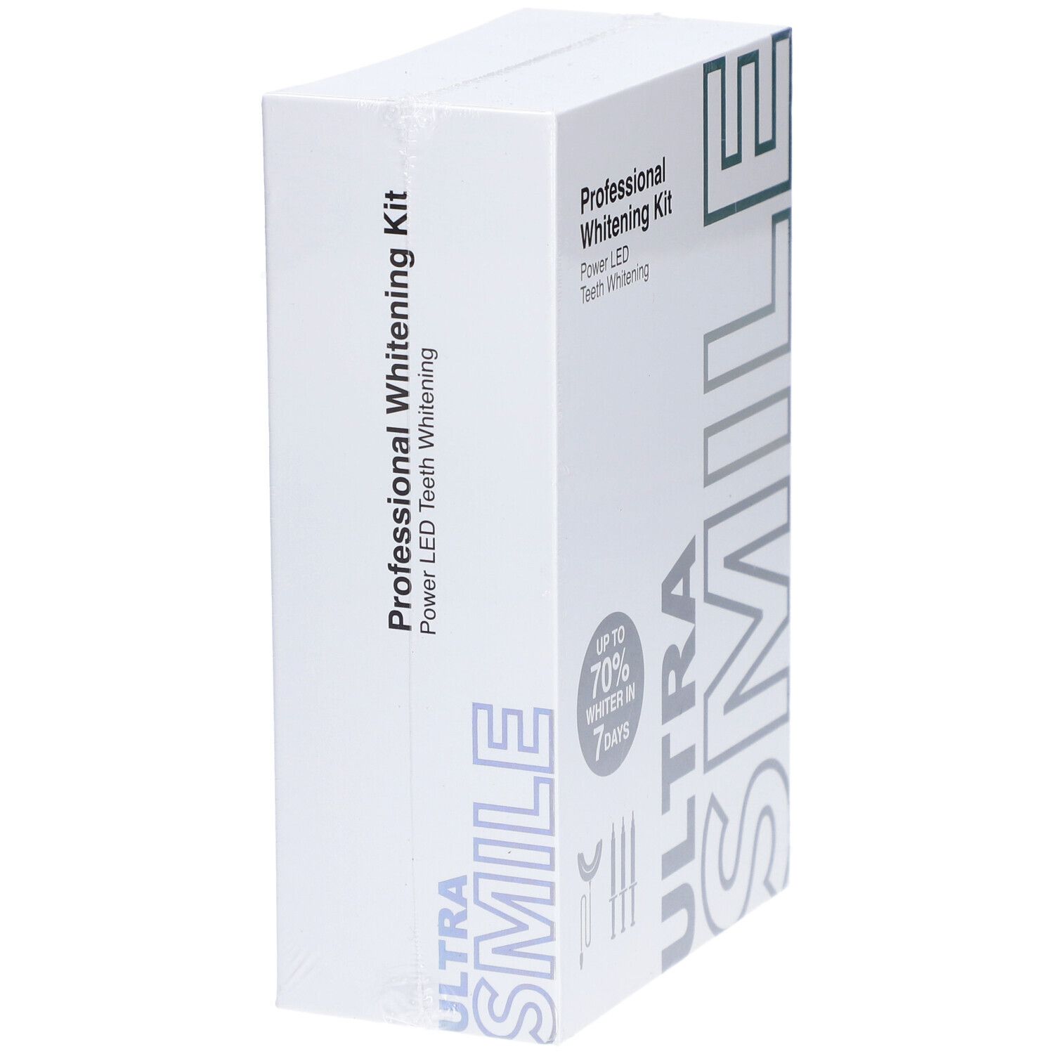 Weiße Verpackung mit "Professional Whitening Kit" und "ULTRA SMILE" Schriftzug. Seitenansicht.