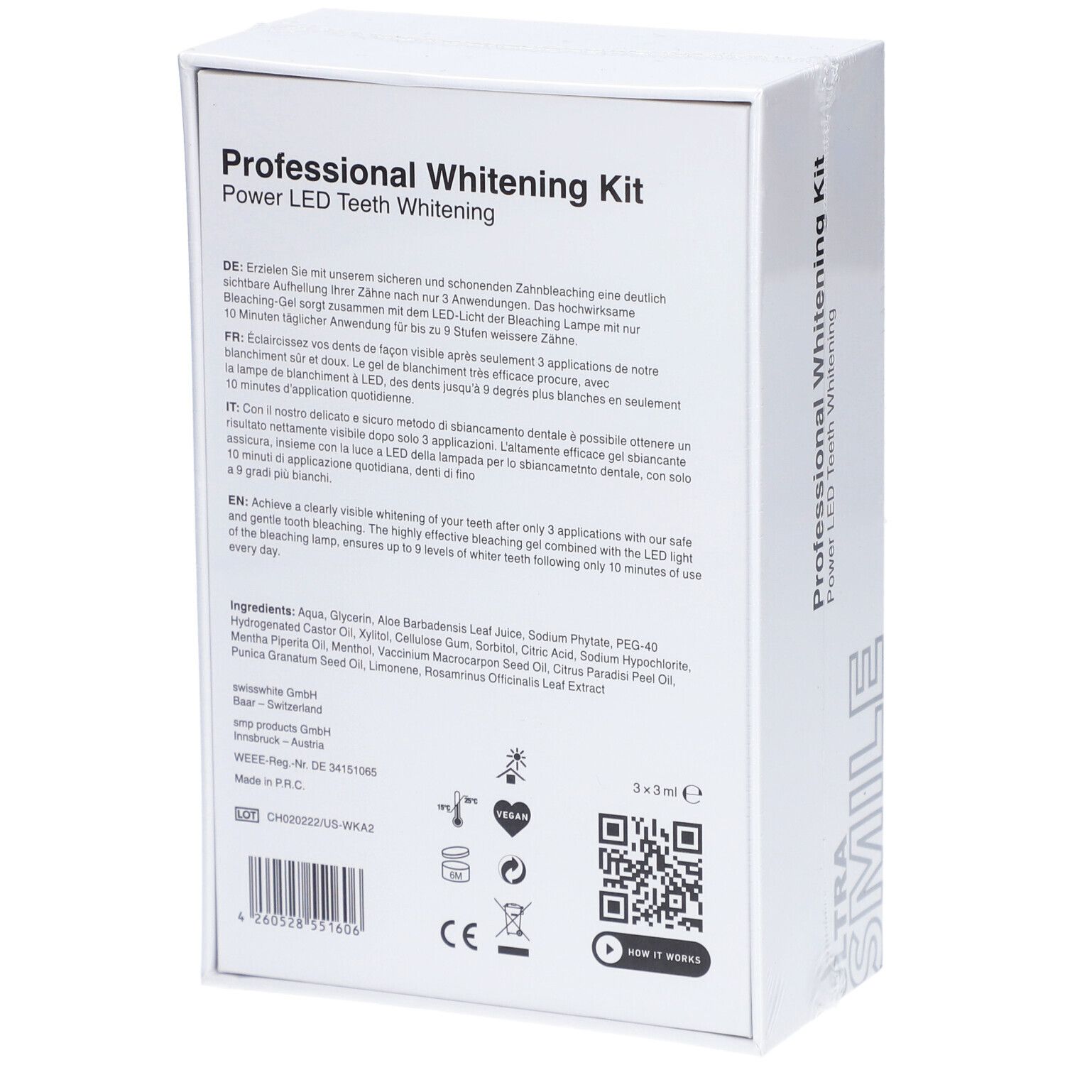 Rückseite der weißen Verpackung. Text: "Professional Whitening Kit", Inhaltsstoffe, Anweisungen, Logos.