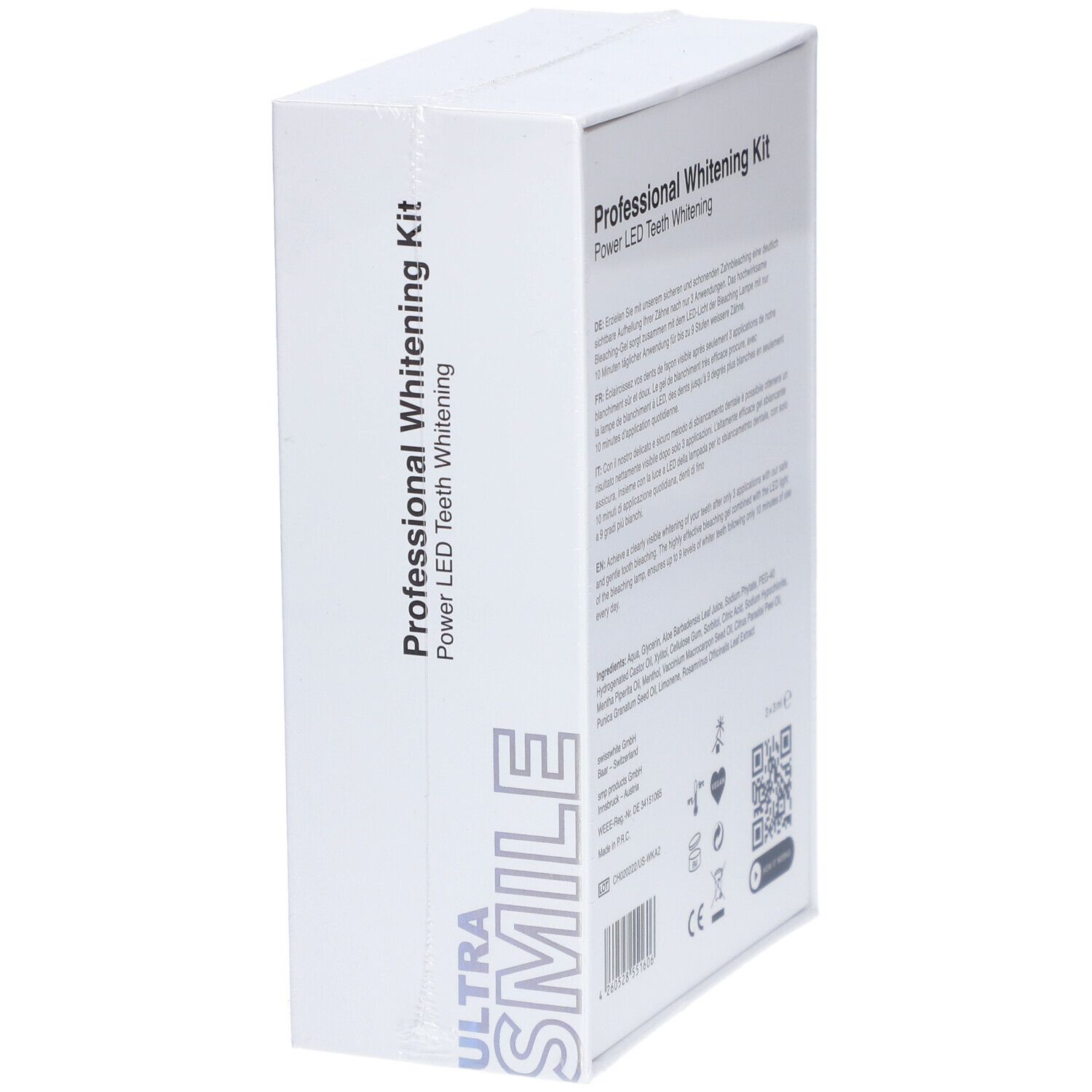 Weiße Verpackung mit "Professional Whitening Kit" und "ULTRA SMILE" Schriftzug. Seitenansicht.