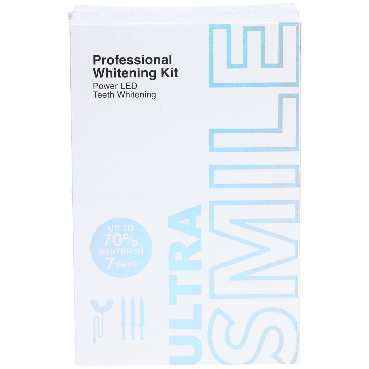 Weiße Verpackung mit "Professional Whitening Kit" und "ULTRA SMILE" Schriftzug. Enthält LED-Zahnaufhellung.