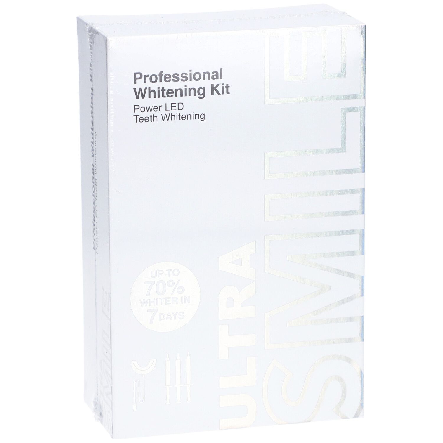 Weiße Verpackung mit "Professional Whitening Kit" und "ULTRA SMILE" Schriftzug. Enthält LED-Zahnaufhellung.
