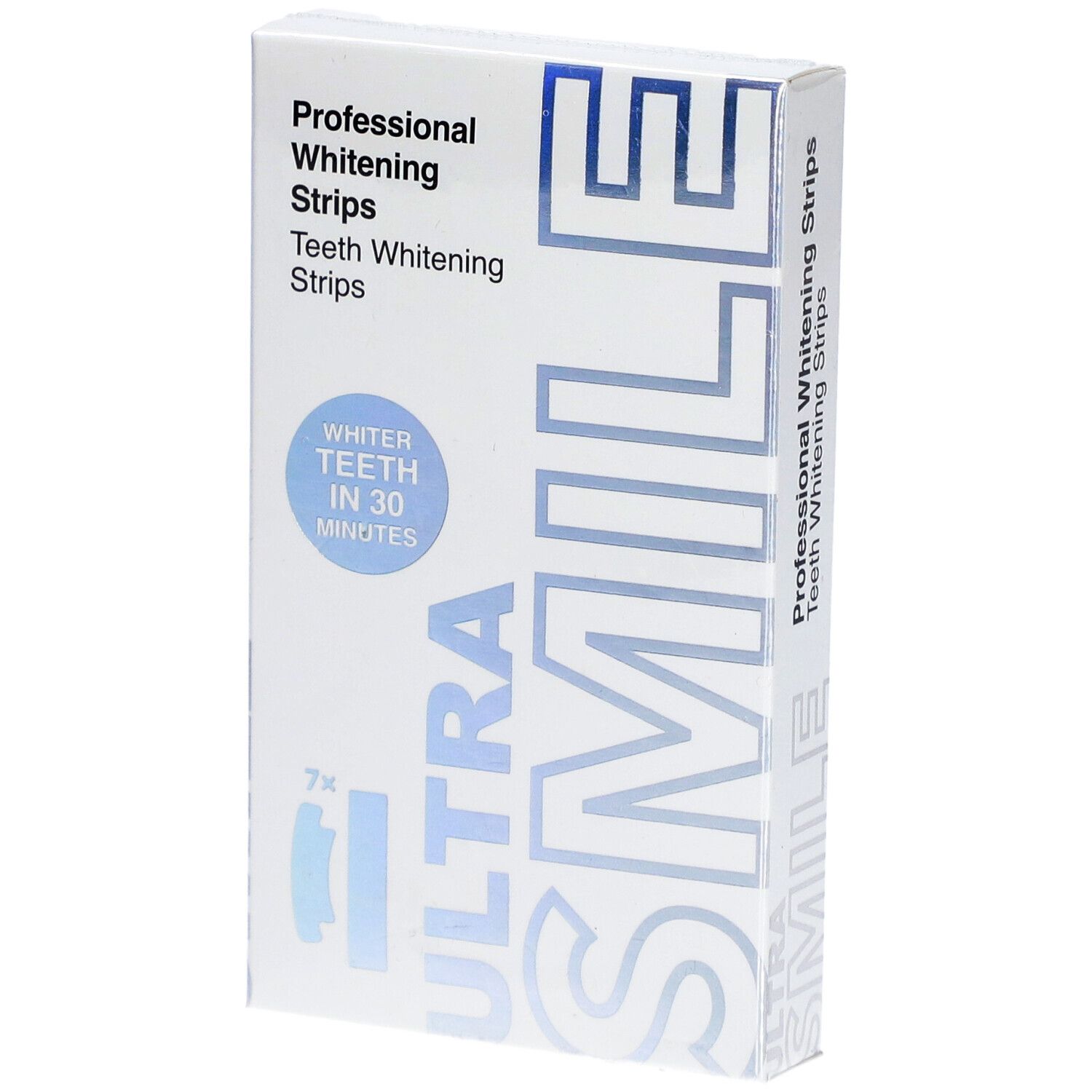 Weiße Schachtel mit "Professional Whitening Strips" und "ULTRA SMILE"-Logo. Enthält 7x2 Streifen. Text: "WHITER TEETH IN 30 MINUTES".