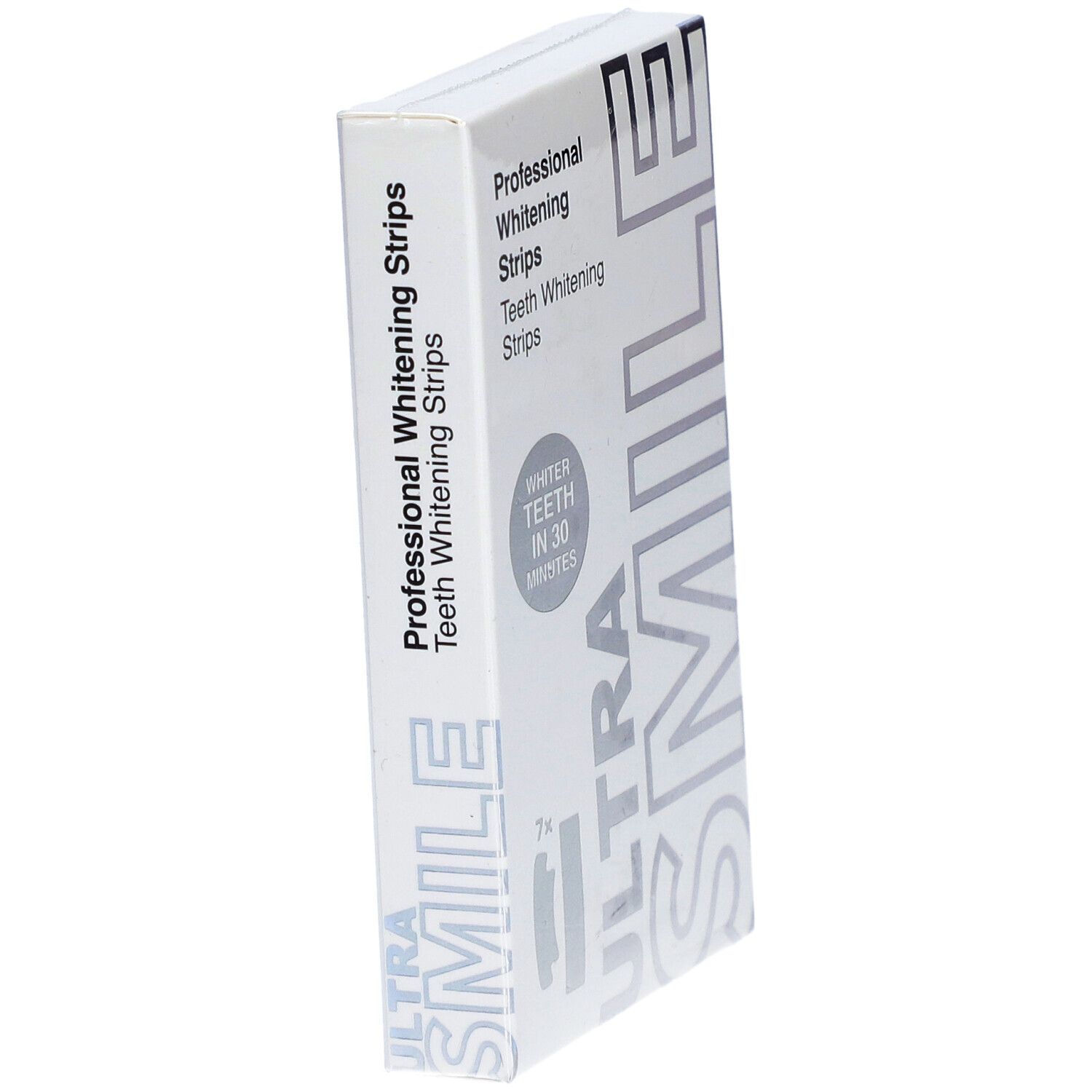 Weiße Schachtel mit "Professional Whitening Strips" und "ULTRA SMILE"-Logo. Seitenansicht. Text: "WHITER TEETH IN 30 MINUTES".