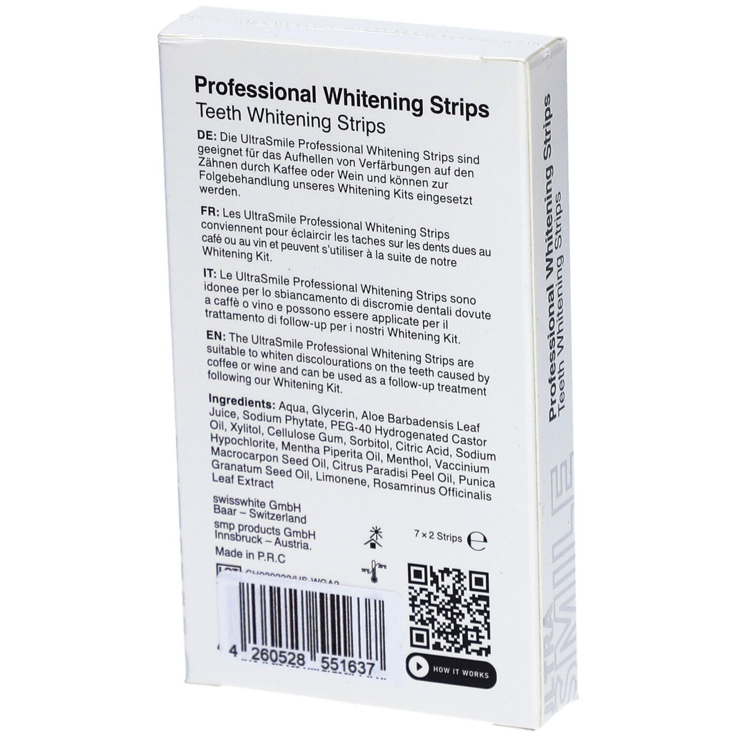 Weiße Schachtel mit Text in Deutsch, Englisch und Italienisch. Enthält Inhaltsstoffe und Herstellerinformationen. QR-Code.