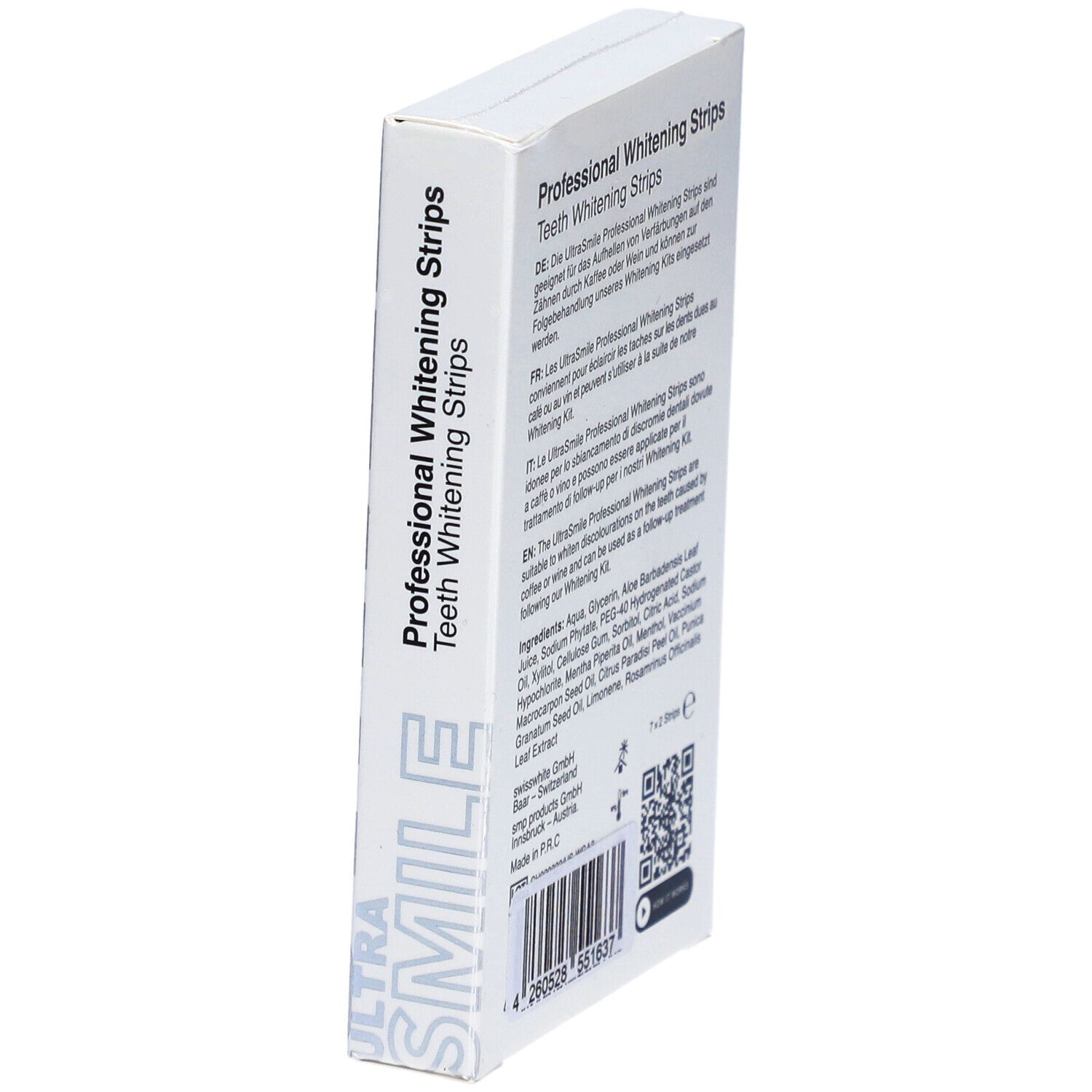 Weiße Schachtel mit Text in Deutsch, Englisch und Italienisch. Seitenansicht. QR-Code und Herstellerinformationen.