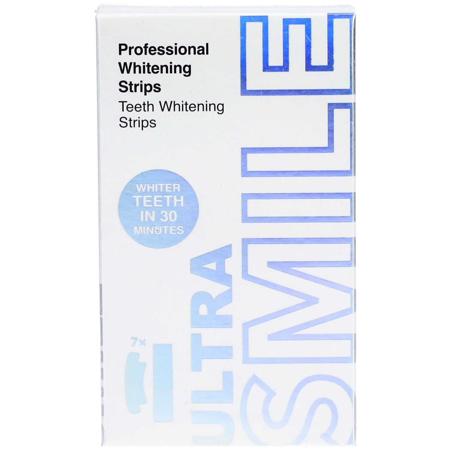 Weiße Schachtel mit "Professional Whitening Strips" und "ULTRA SMILE"-Logo. Text: "WHITER TEETH IN 30 MINUTES". Enthält 7x2 Streifen.