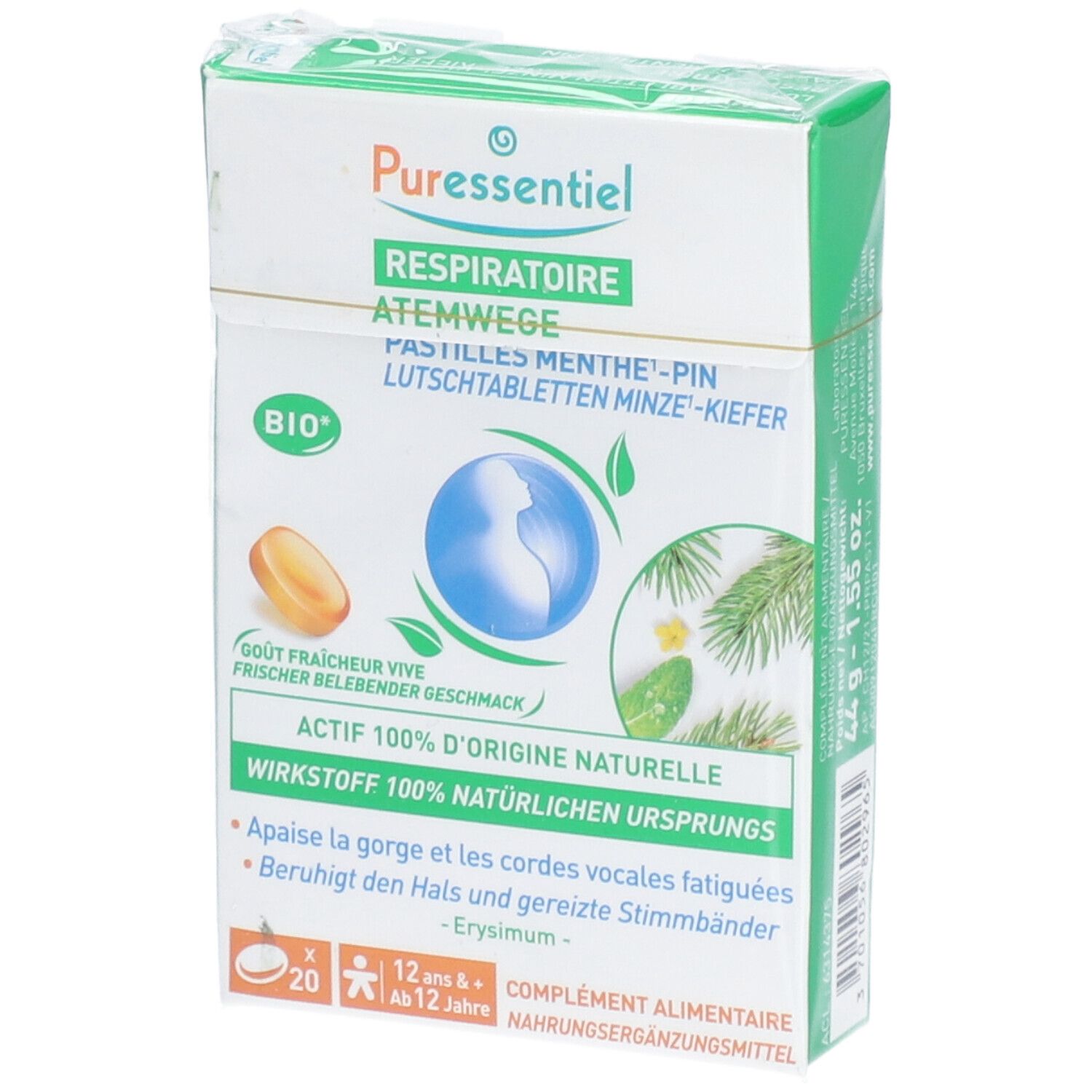 Verpackung mit Pastillen. Marke PURESSENTIEL. Text: Atemwege, Minze-Kiefer. 20 Stück. Bio-Siegel.