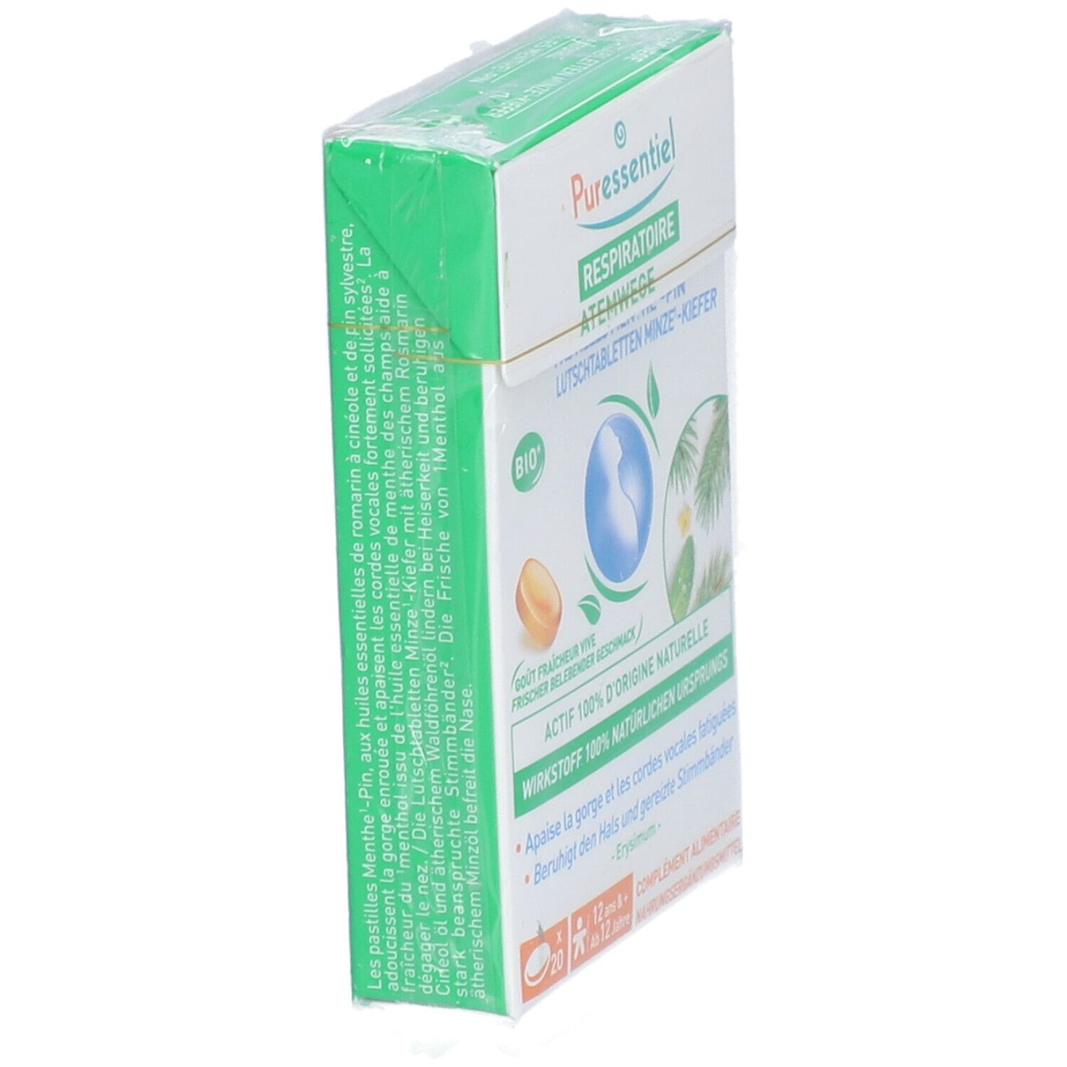 Schrägansicht der Verpackung. Marke PURESSENTIEL. Text: Atemwege, Minze-Kiefer. Bio-Siegel. Grün-weiße Verpackung.
