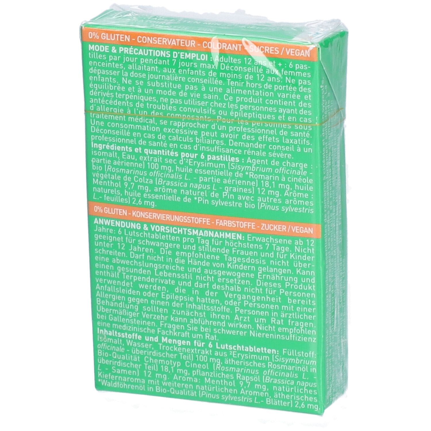 Rückseite der Verpackung. Text: 0% Gluten, Konservierungsstoffe, Farbstoffe, Zucker, Vegan. Inhaltsstoffe und Anwendungshinweise.