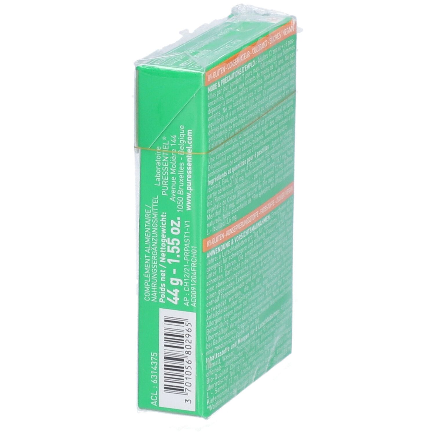Seitenansicht der Verpackung. Text: 44 g - 1.55 oz. Herstellerinformationen. Chargennummer und EAN-Code.