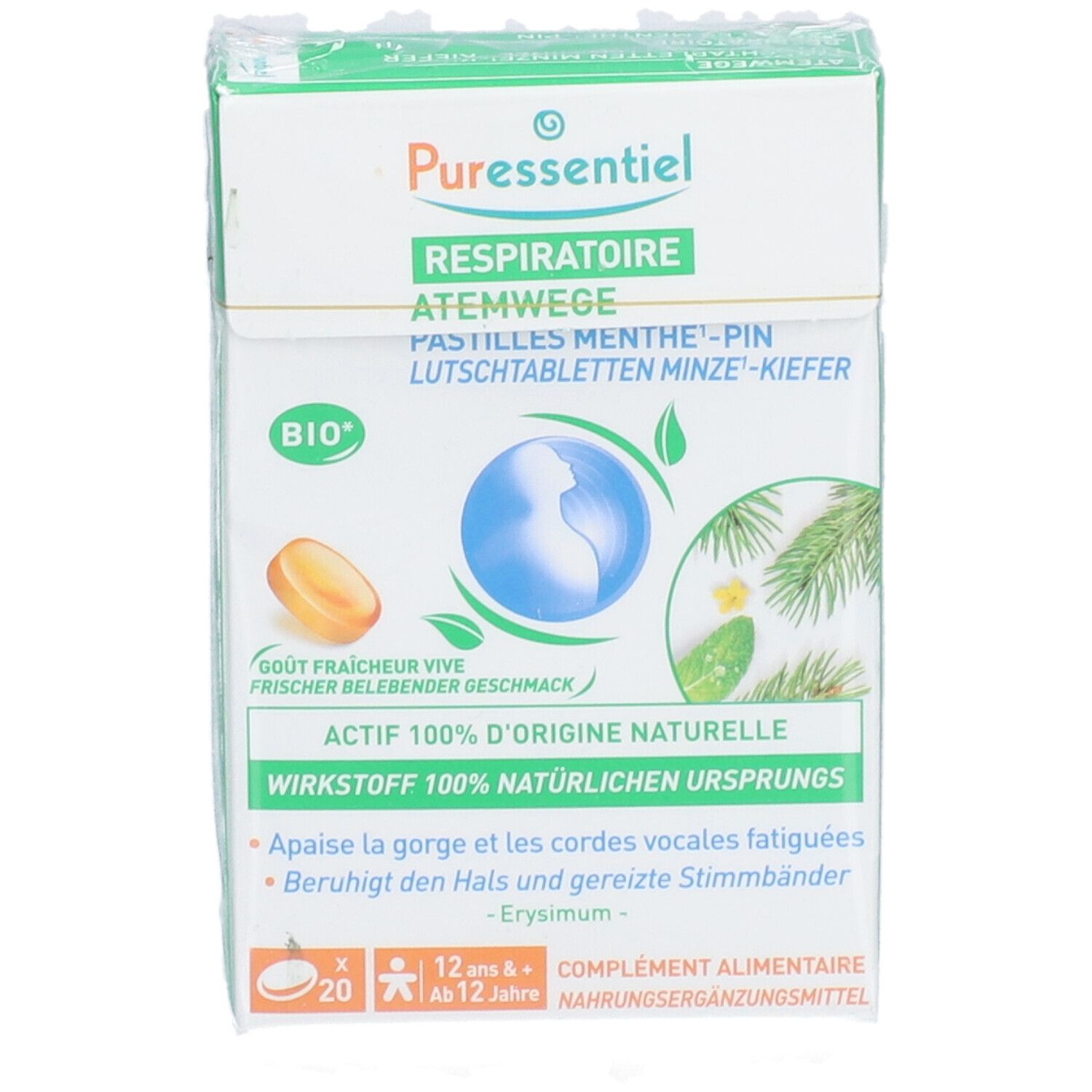 Vorderansicht der Verpackung. Marke PURESSENTIEL. Text: Atemwege, Minze-Kiefer. 20 Pastillen. Bio-Siegel.