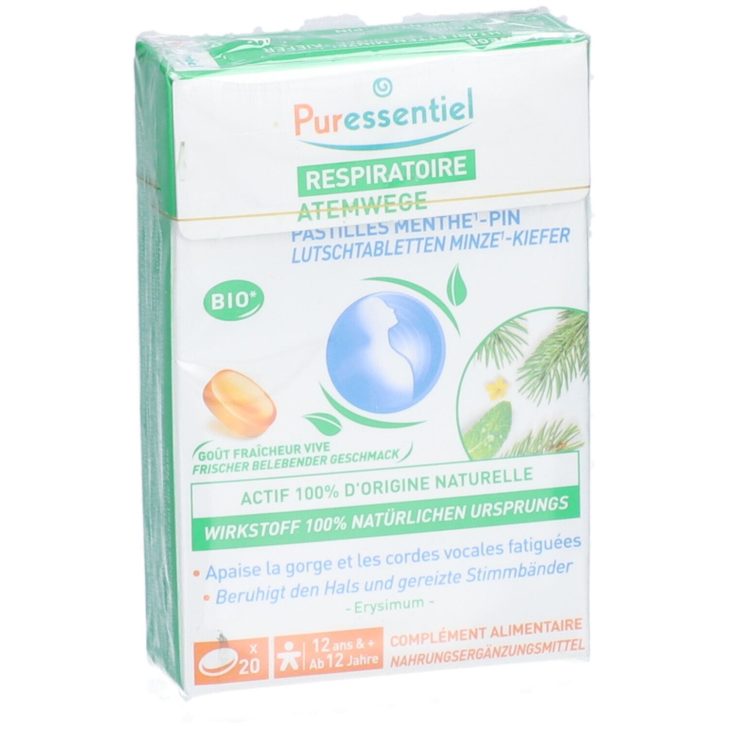 Schrägansicht der Verpackung. Marke PURESSENTIEL. Text: Atemwege, Minze-Kiefer. 20 Pastillen. Bio-Siegel.