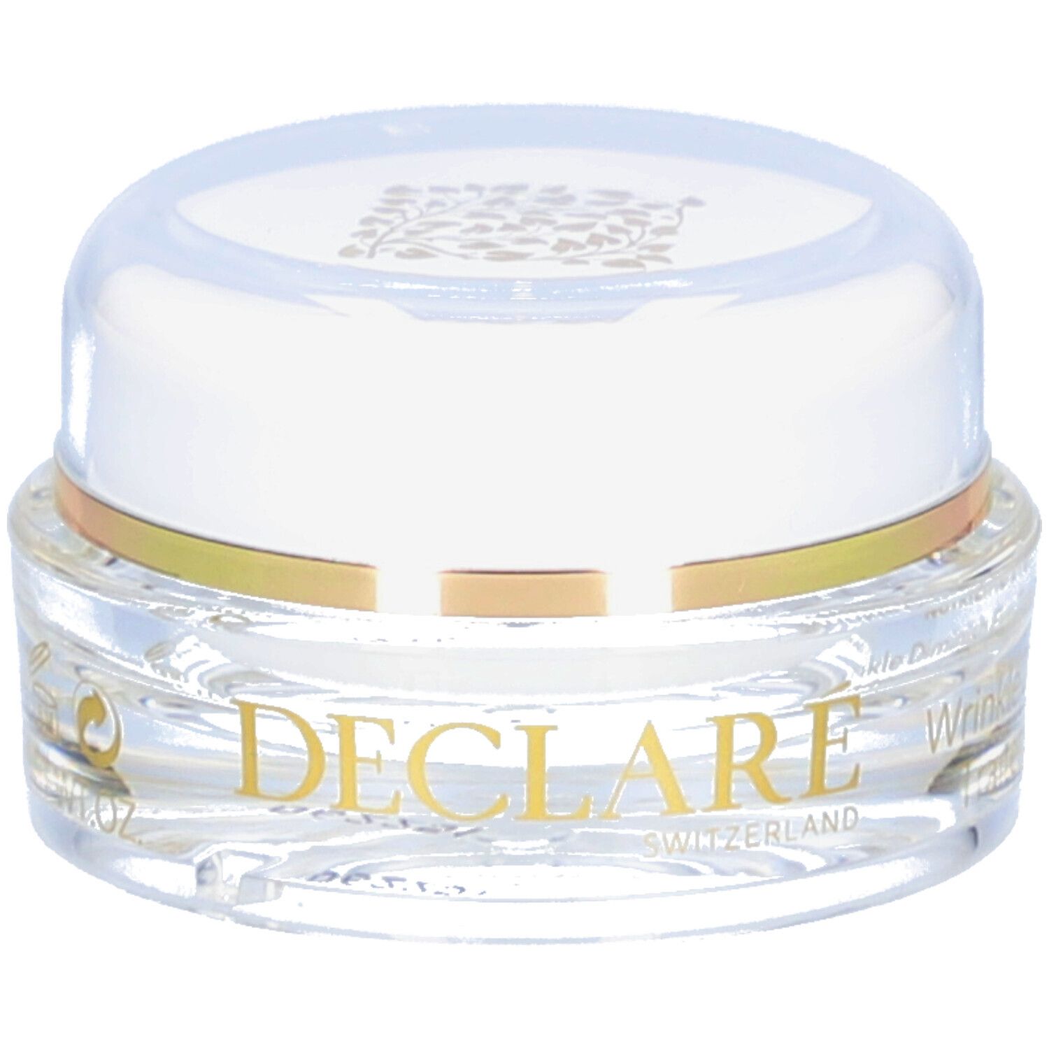 Klarer Tiegel mit weißem Deckel und goldenem Ring. DECLARE SWITZERLAND Schriftzug. Produkt für die Augenpartie.