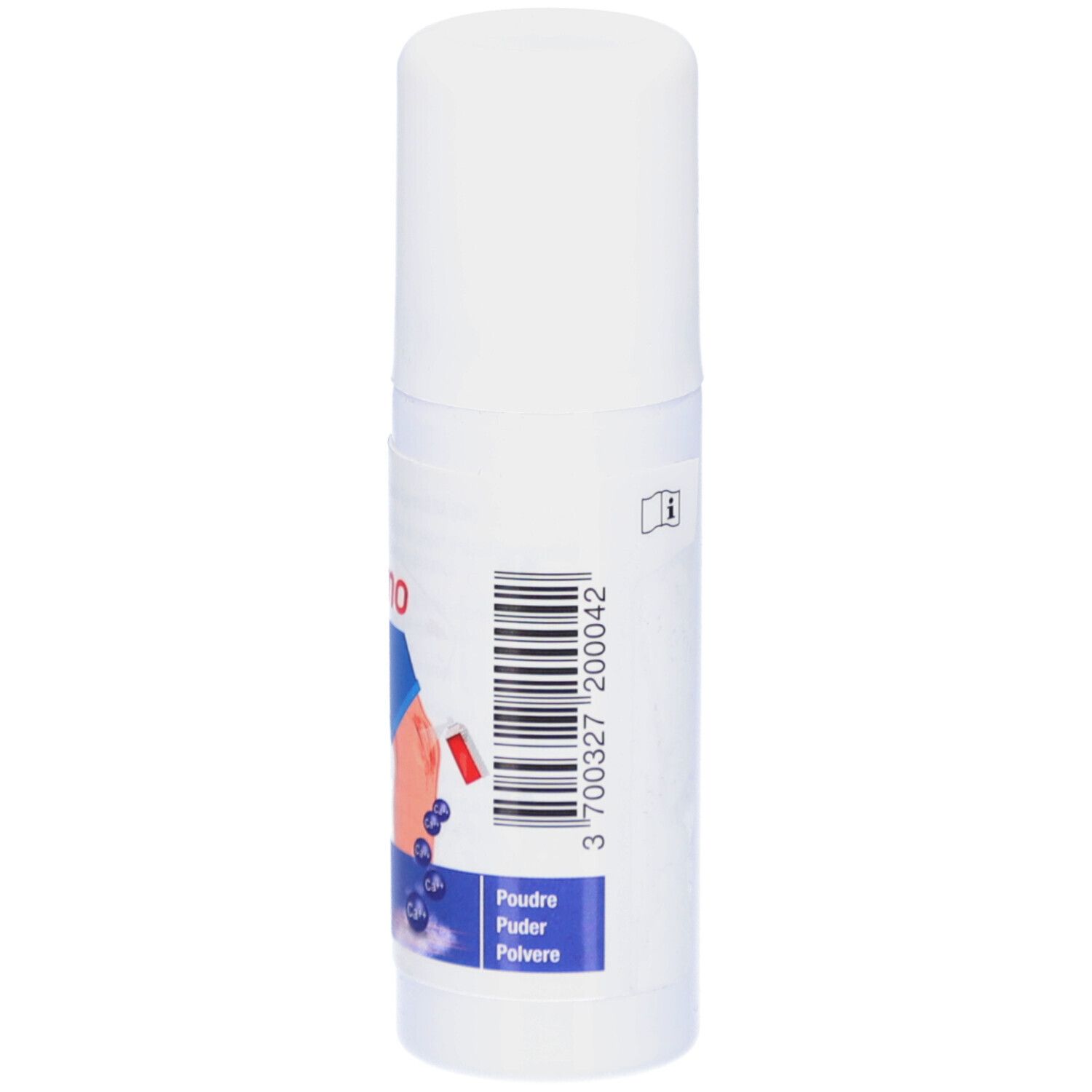 Weißer Zylinder. Barcode und Text: Poudre, Puder, Polvere. Illustration: Bein mit Blutung.