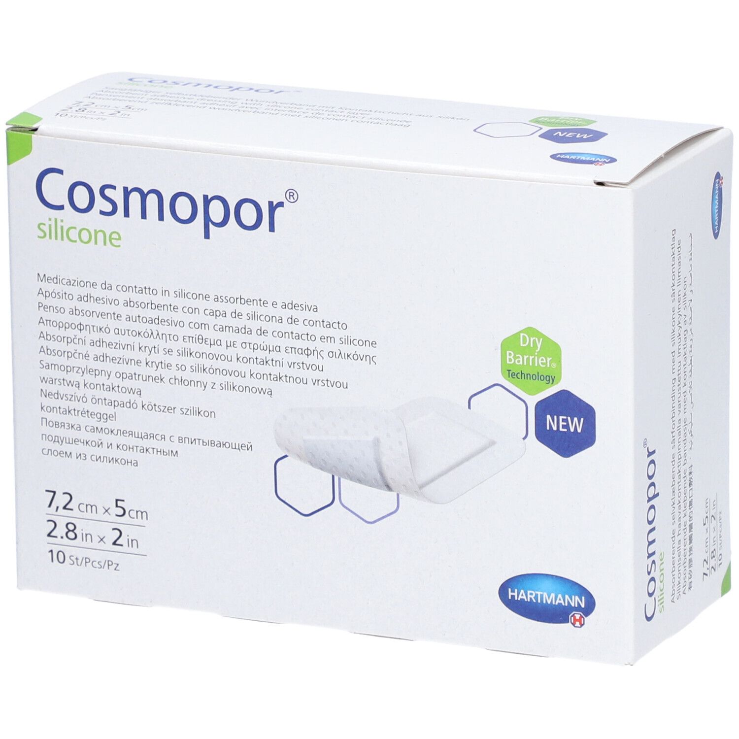 Verpackung von Cosmopor silicone. Größe 7,2 x 5 cm. 10 Stück pro Packung. Marke HARTMANN.