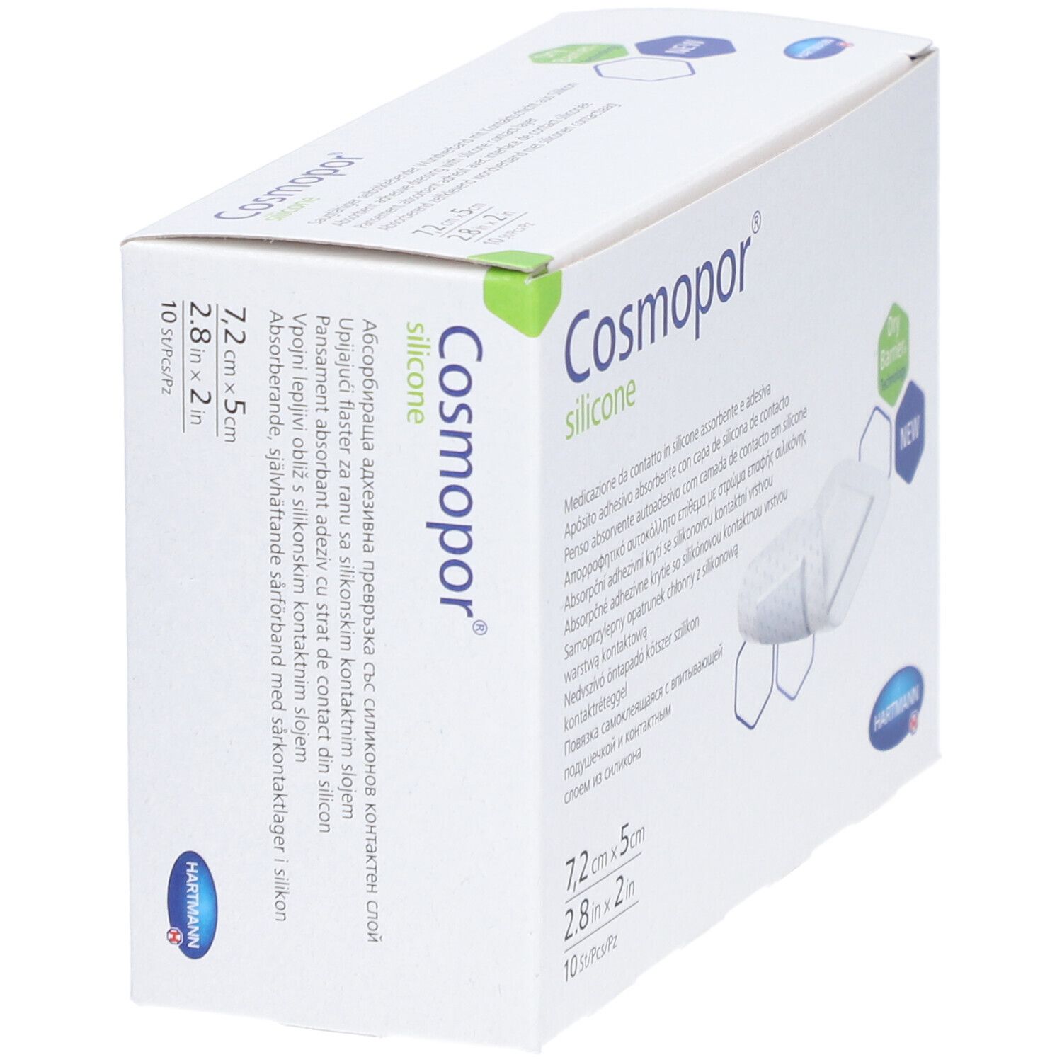 Verpackung von Cosmopor silicone. Größe 7,2 x 5 cm. 10 Stück pro Packung. Marke HARTMANN.