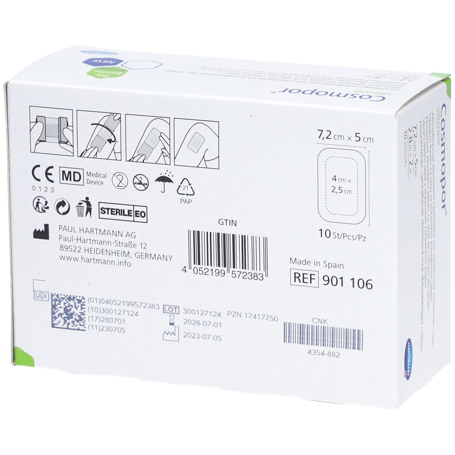 Verpackung von Cosmopor silicone. Größe 7,2 x 5 cm. 10 Stück pro Packung. CE-Kennzeichnung.