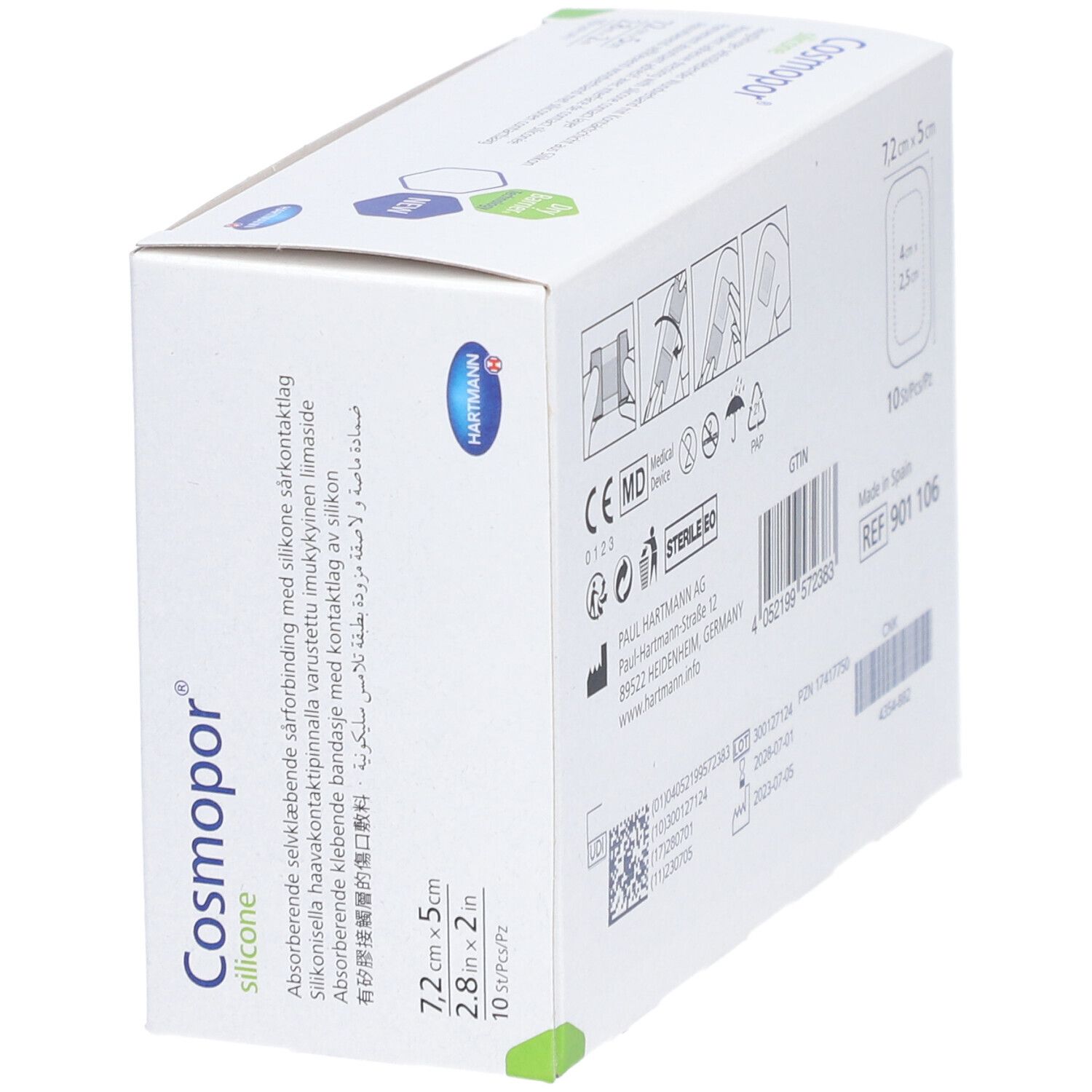 Verpackung von Cosmopor silicone. Größe 7,2 x 5 cm. 10 Stück pro Packung. Marke HARTMANN.