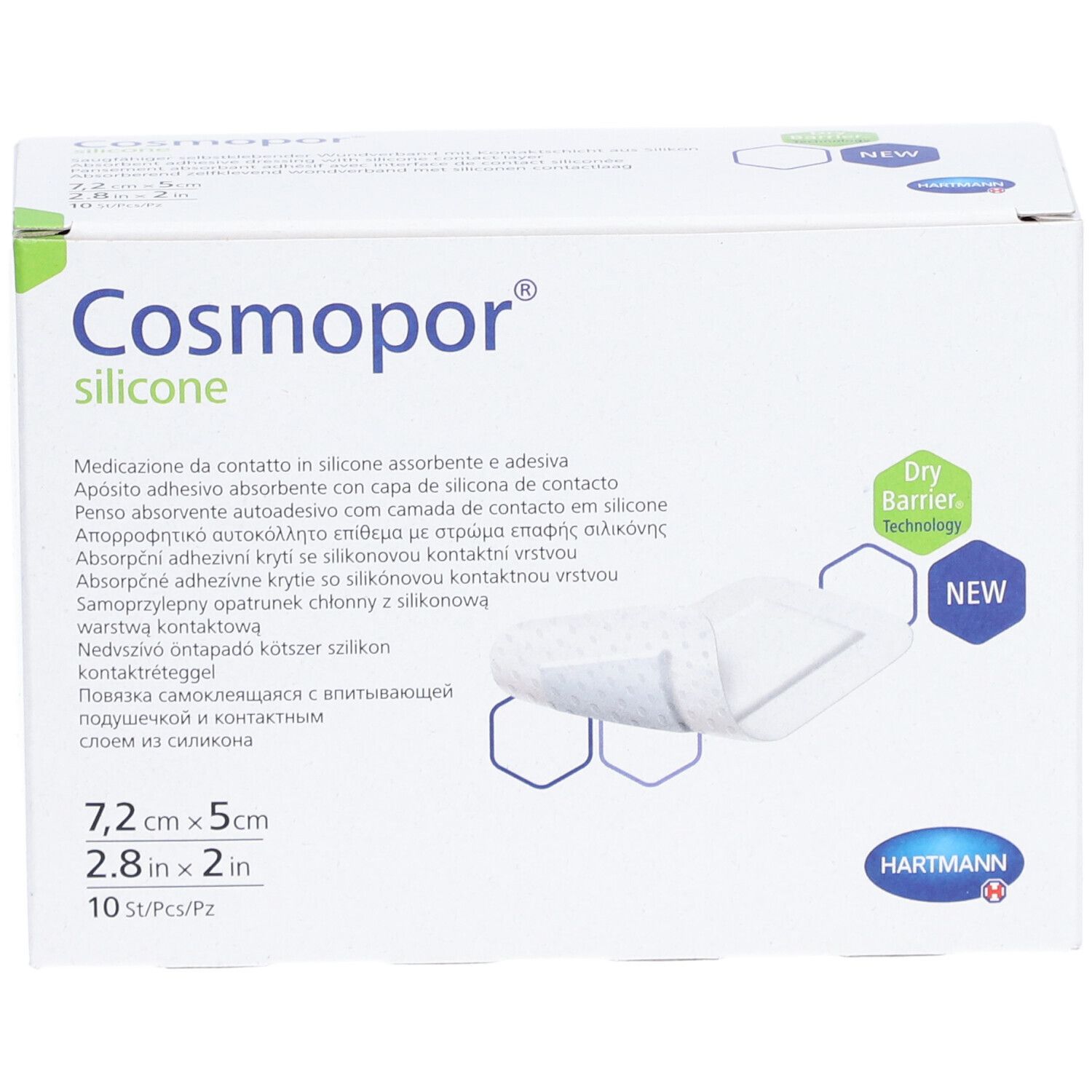 Verpackung von Cosmopor silicone. Größe 7,2 x 5 cm. 10 Stück pro Packung. Marke HARTMANN.